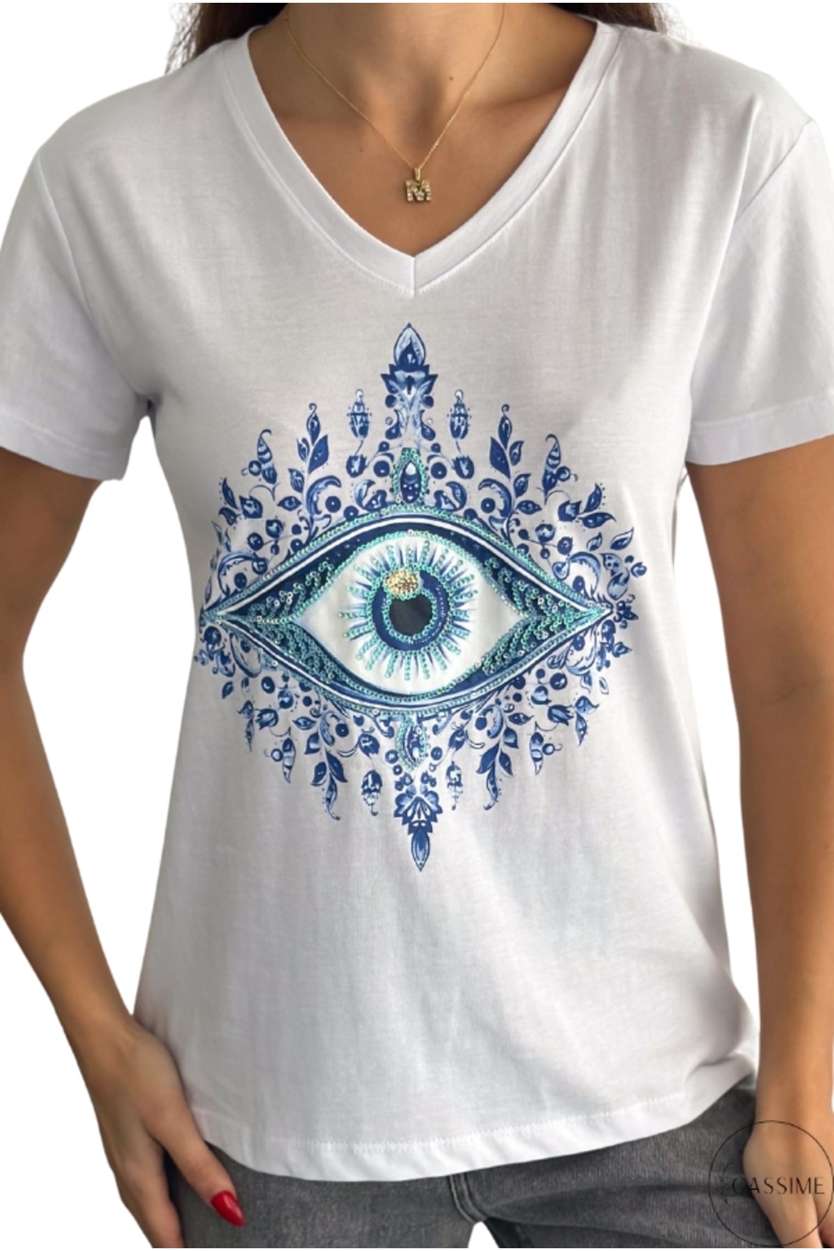 Olivia Women's Cotton Plus Size Embellished V-Neck T-Shirt - White with Blue Evil Eye Print