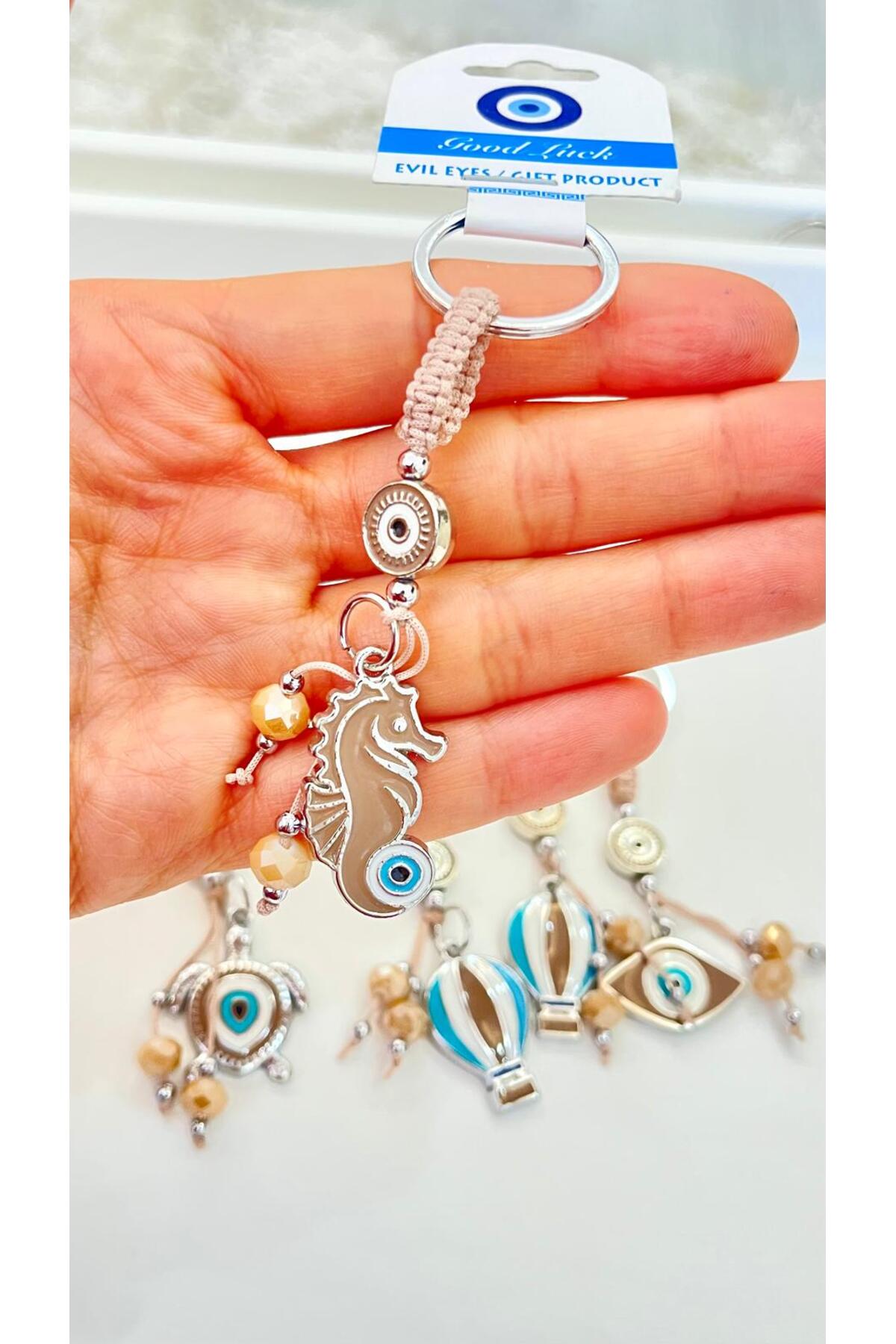 Abigail Silver-Plated Evil Eye Keychain - Beige Seahorse