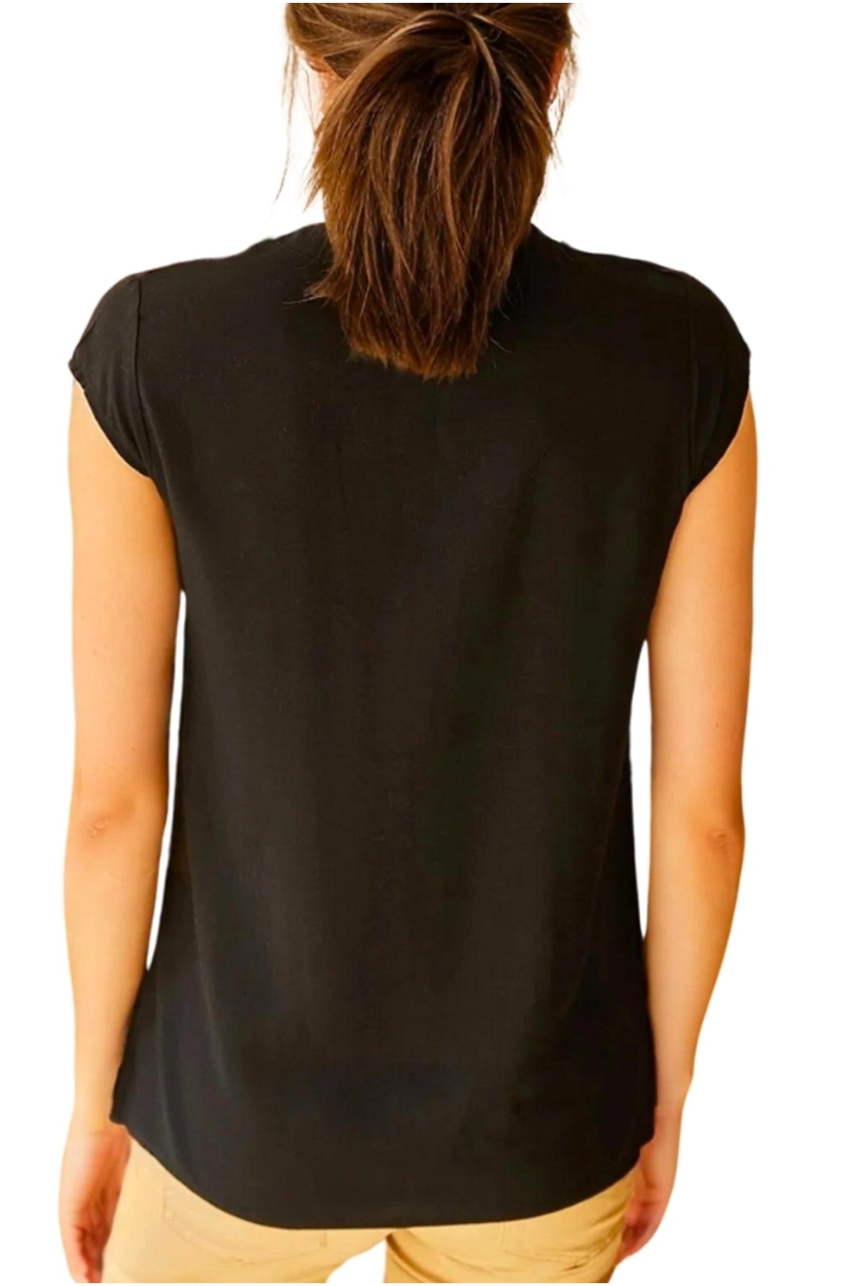 Joy Women's V-Neck Short Sleeve Button-Up Shirt - Black