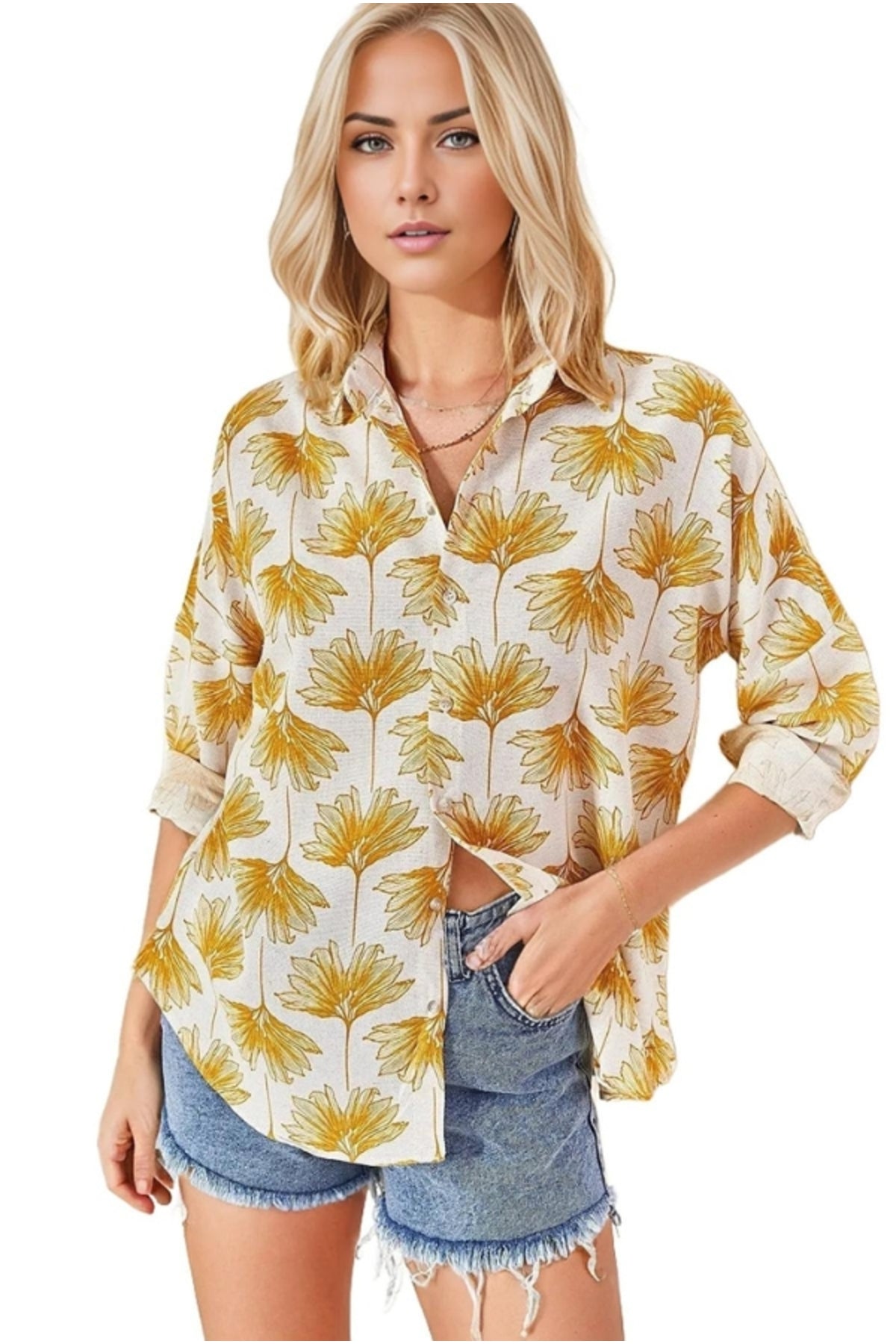 Emilia Women's Linen-Viscose Blend Oversized Printed Shirt - Yellow Ginkgo