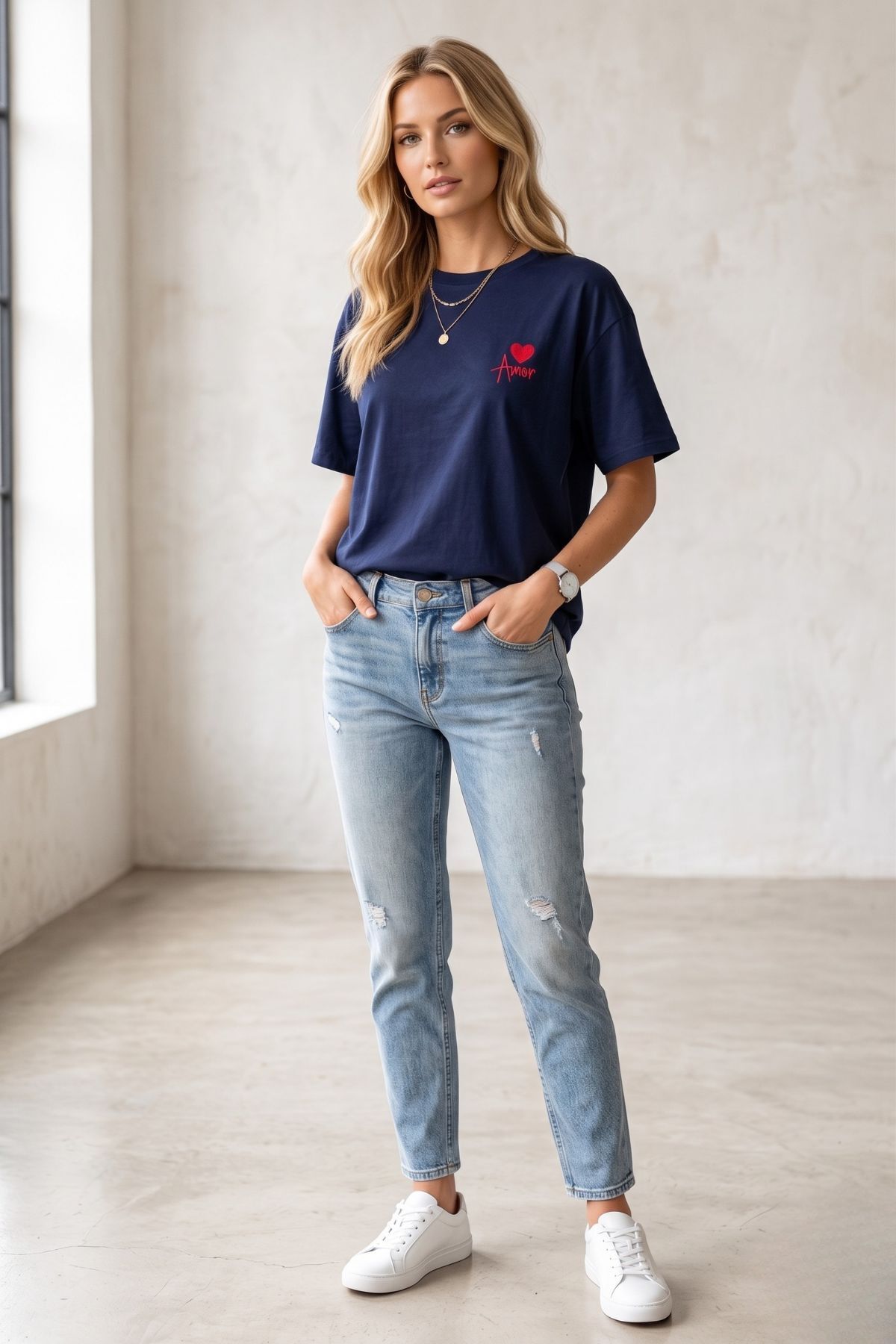 Eloise Women's Cotton Amor Heart Embroidered Oversized T-Shirt - Navy