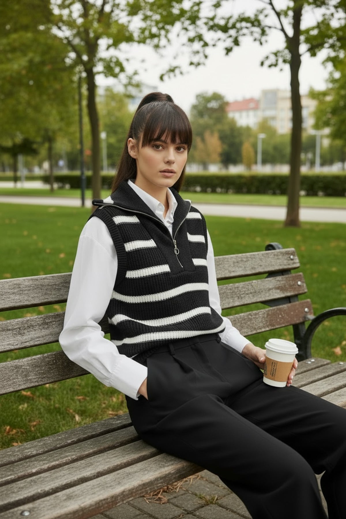 Beatrice Women's Striped Zip-Neck Sweater Vest - Black and White