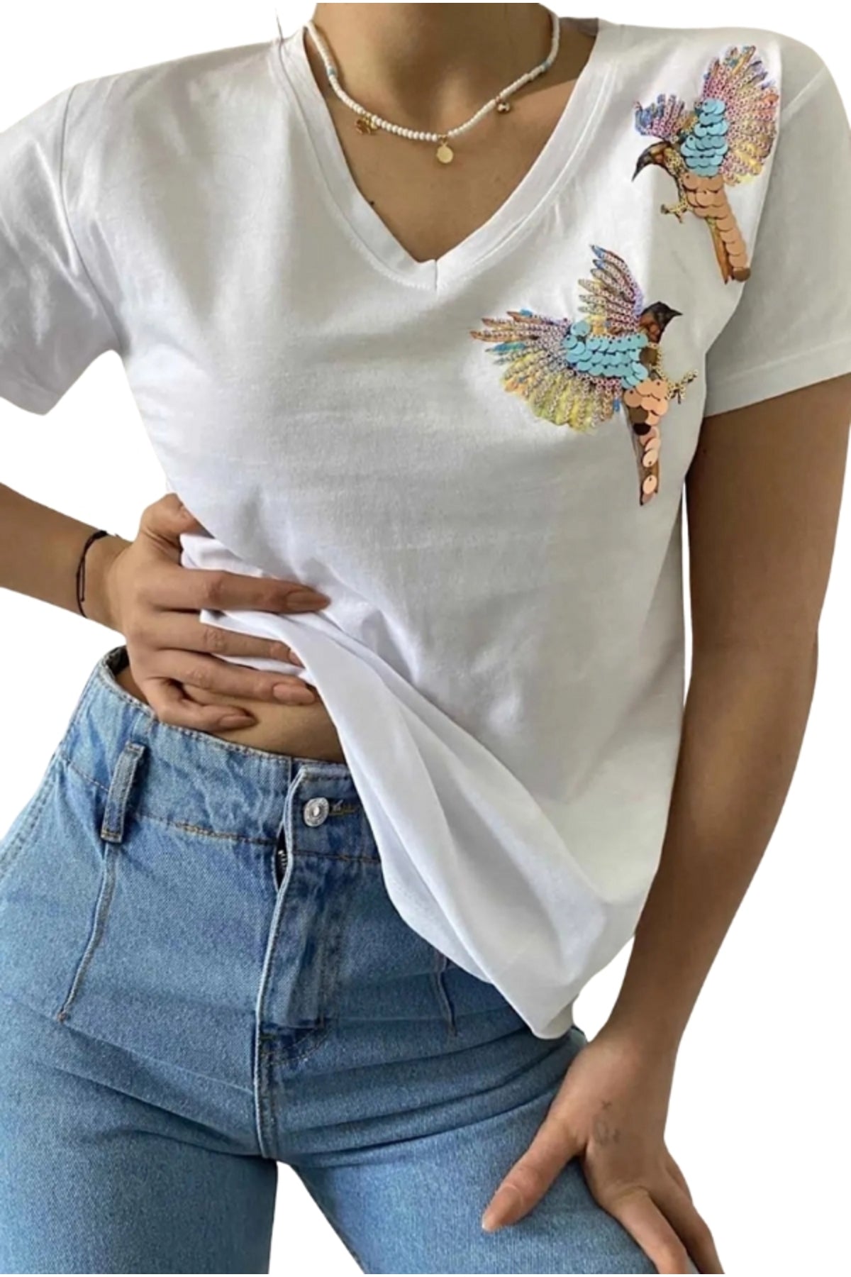 Olivia Women's Cotton Plus Size Embellished V-Neck T-Shirt - White with Bird Embroidery