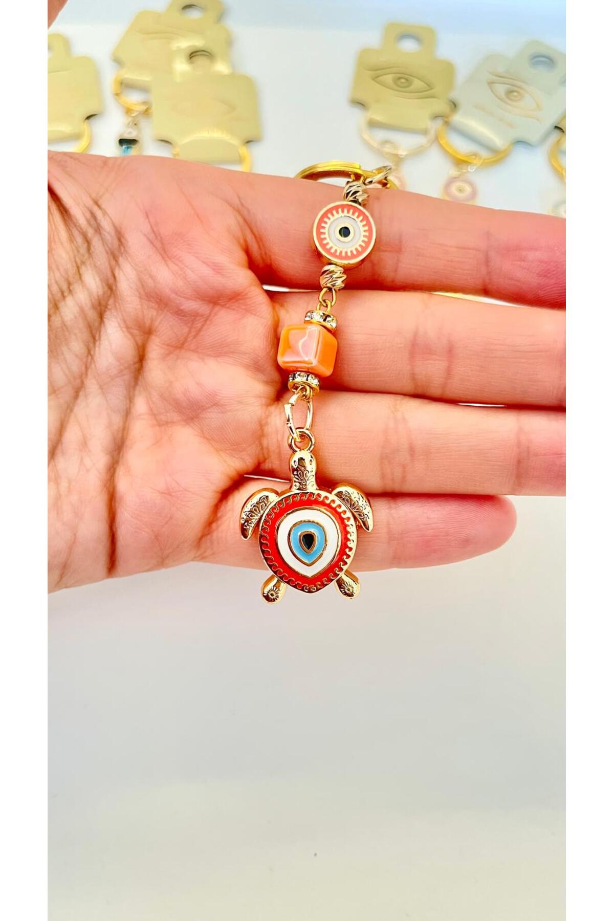 Hannah Gold-Plated Bodrum Bead Keychain - Orange Turtle