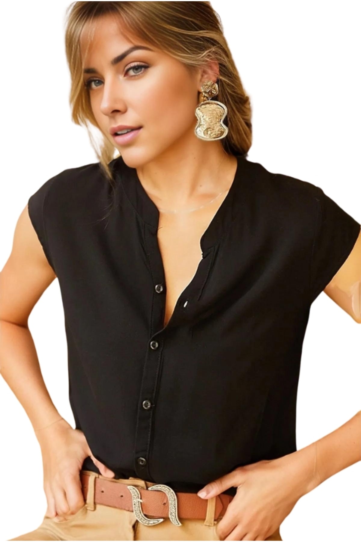 Joy Women's V-Neck Short Sleeve Button-Up Shirt - Black