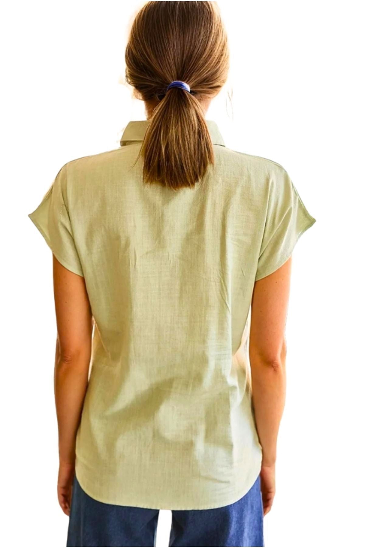 Elizabeth Women's Linen-Viscose Blend Short Sleeve Batwing Shirt - Light Green