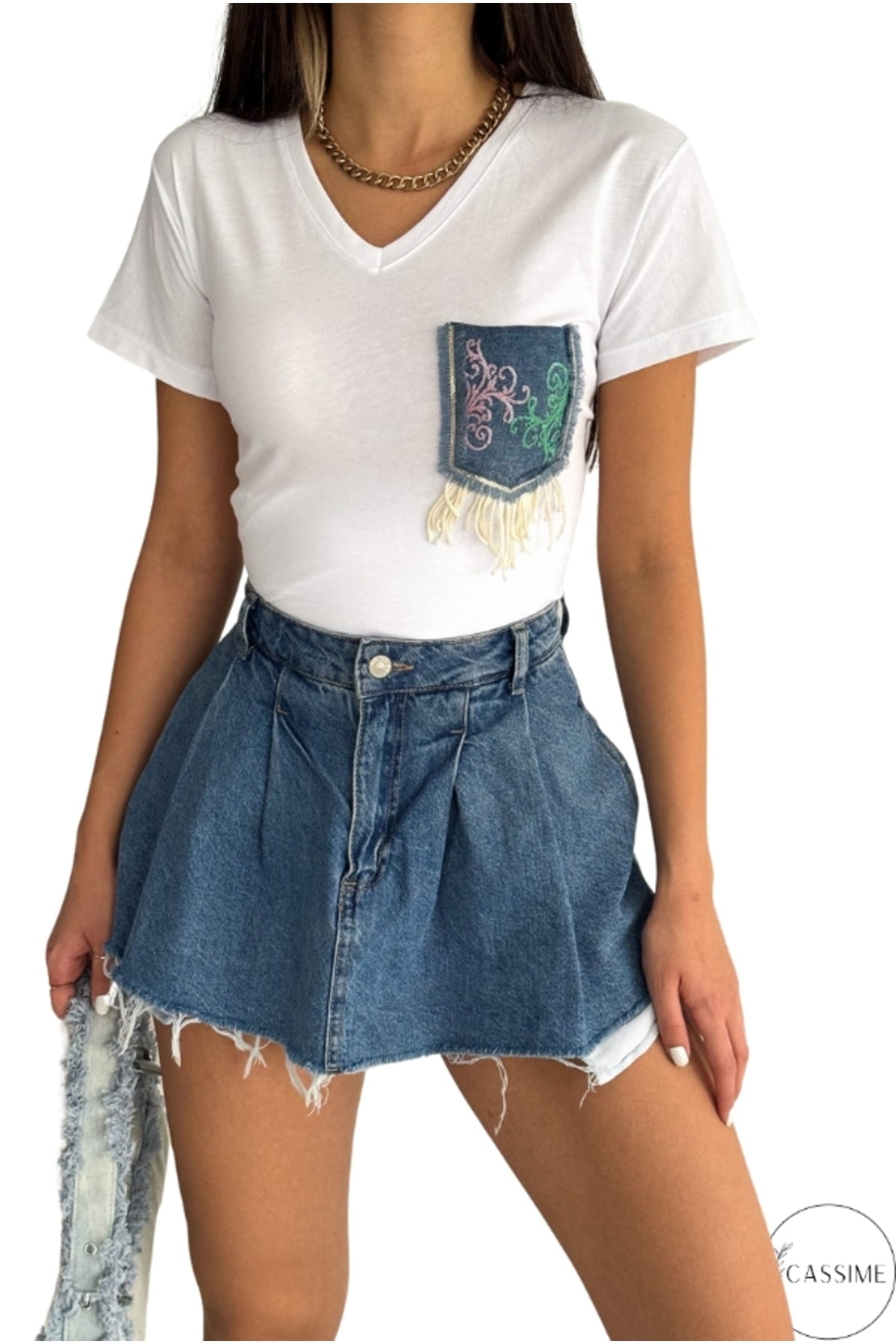 Olivia Women's Cotton Plus Size Embellished V-Neck T-Shirt - White with Denim Pocket