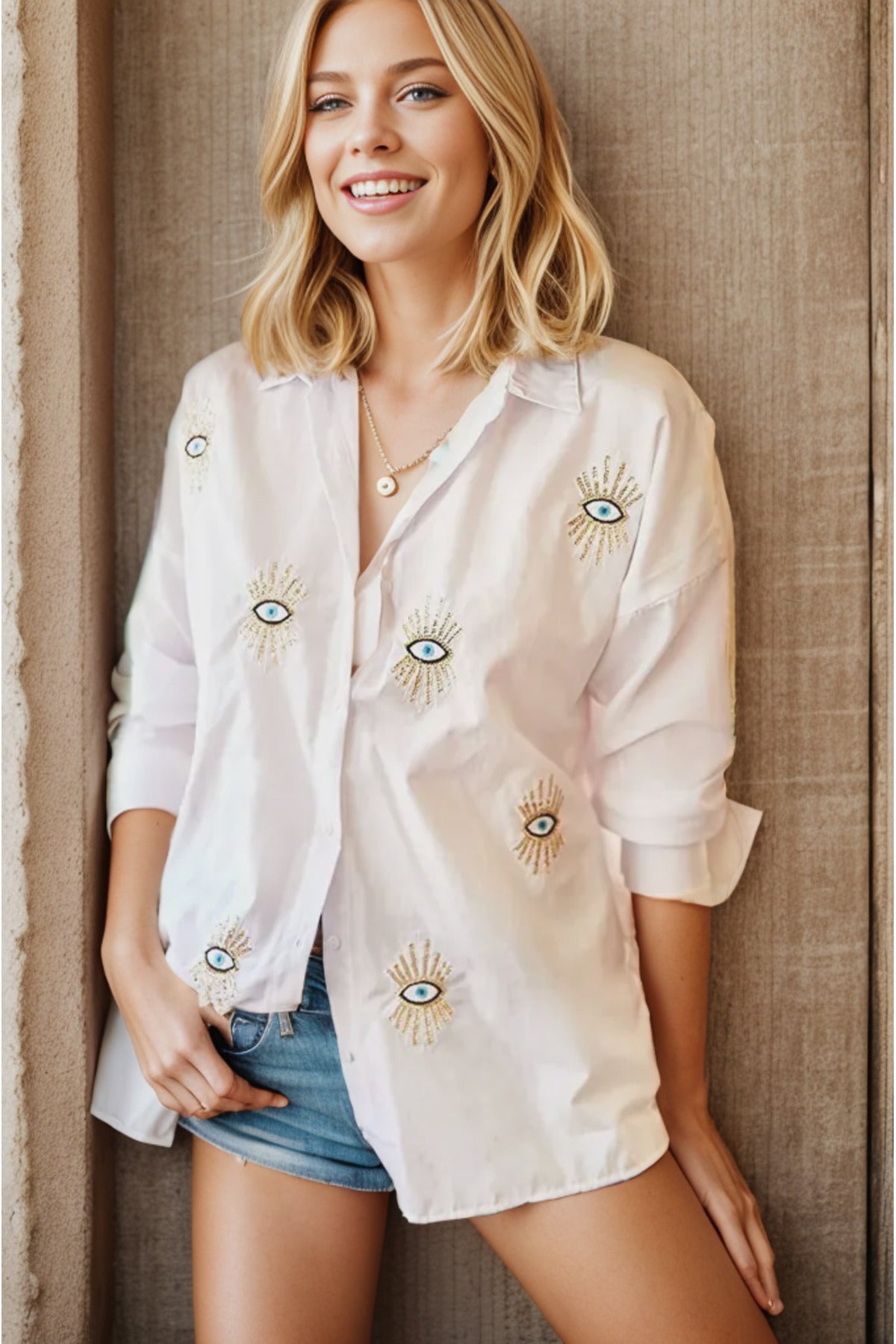 Delilah Women's Cotton Oversized Embellished Long Sleeve Shirt - White
