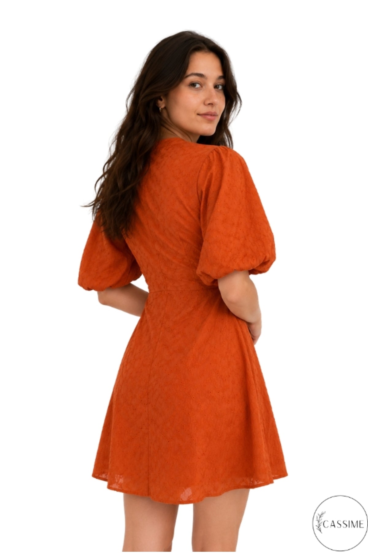 Clara Women's Cotton Blend Broderie Anglaise V-Neck Mini Dress - Terracotta