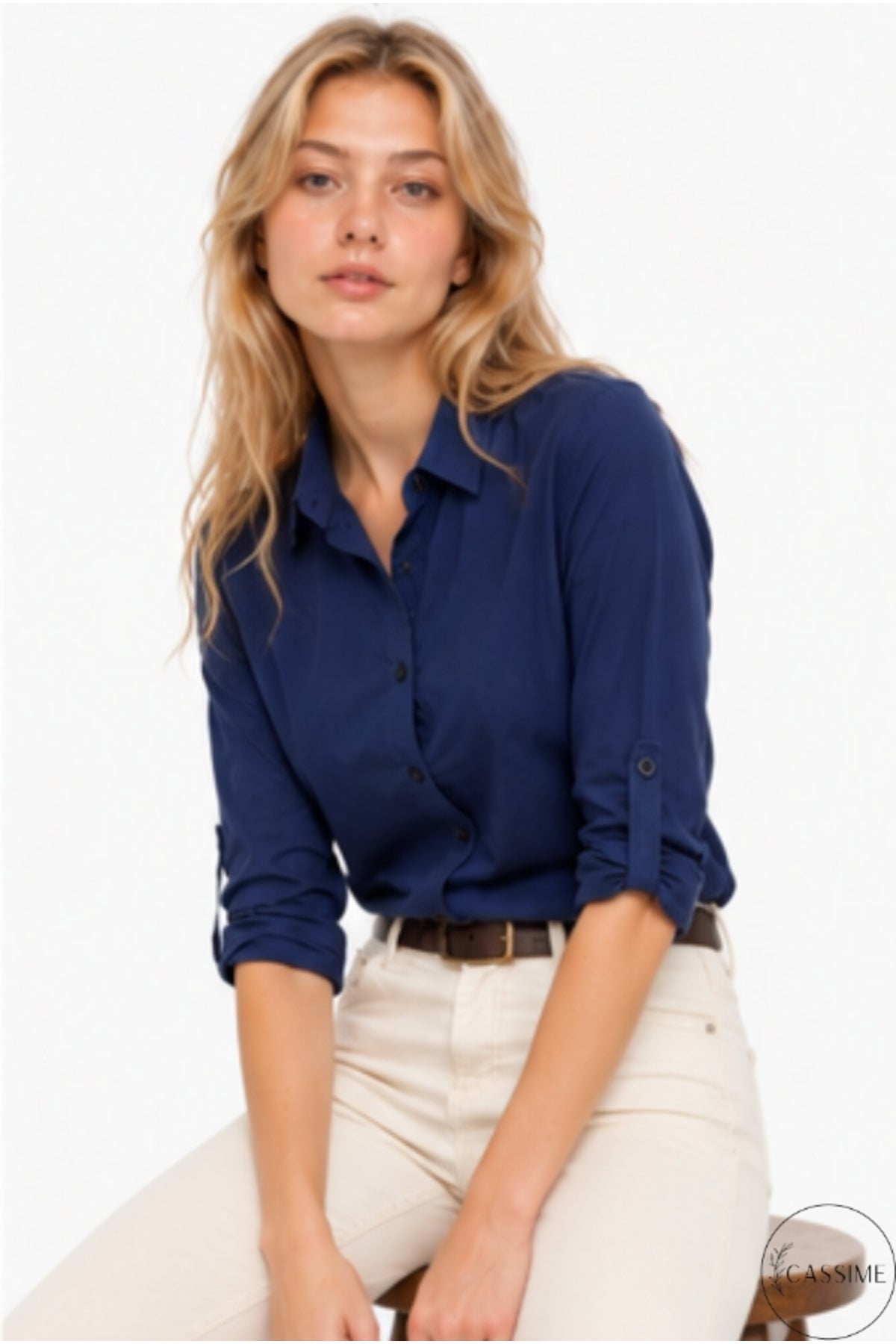 Robyn Women's Linen-Viscose Blend Roll-Sleeve Button-Up Shirt - Navy