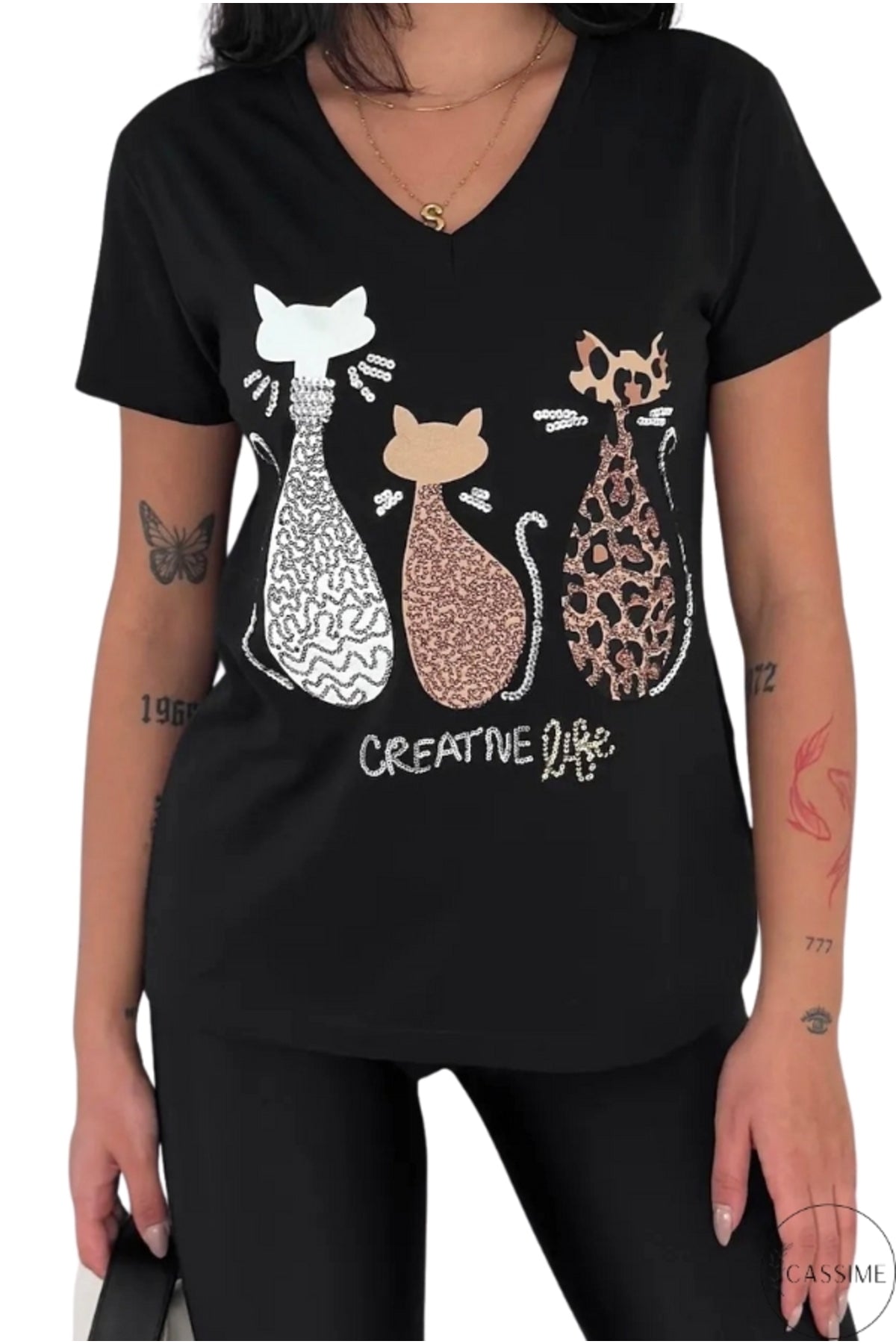 Sophie Women's Cotton Embellished V-Neck T-Shirt - Black Three Cats Print