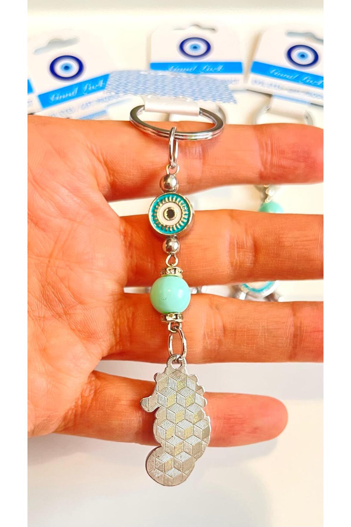 Abigail Silver-Plated Evil Eye Keychain - Turquoise Seahorse Design