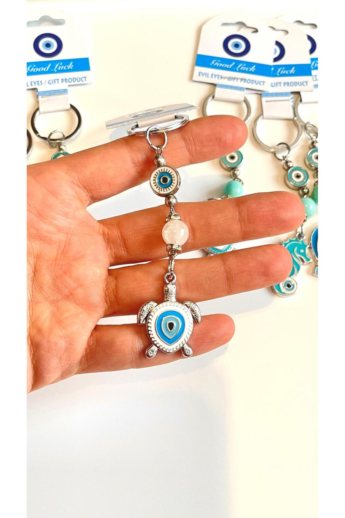 Abigail Silver-Plated Evil Eye Keychain - White Metal Turtle