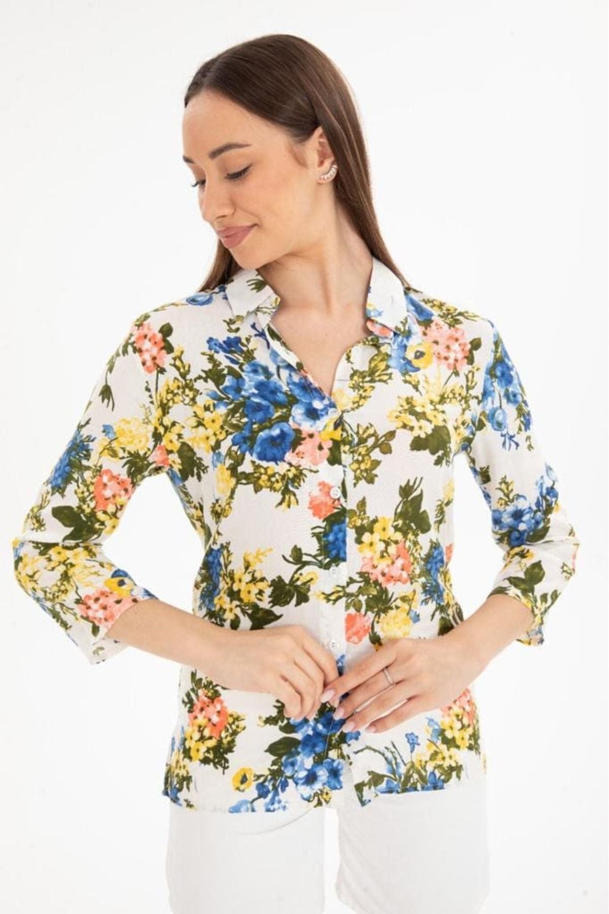 Amelia Women's Viscose Long Sleeve Button-Up Shirt - Ecru Bright Multicolor Floral