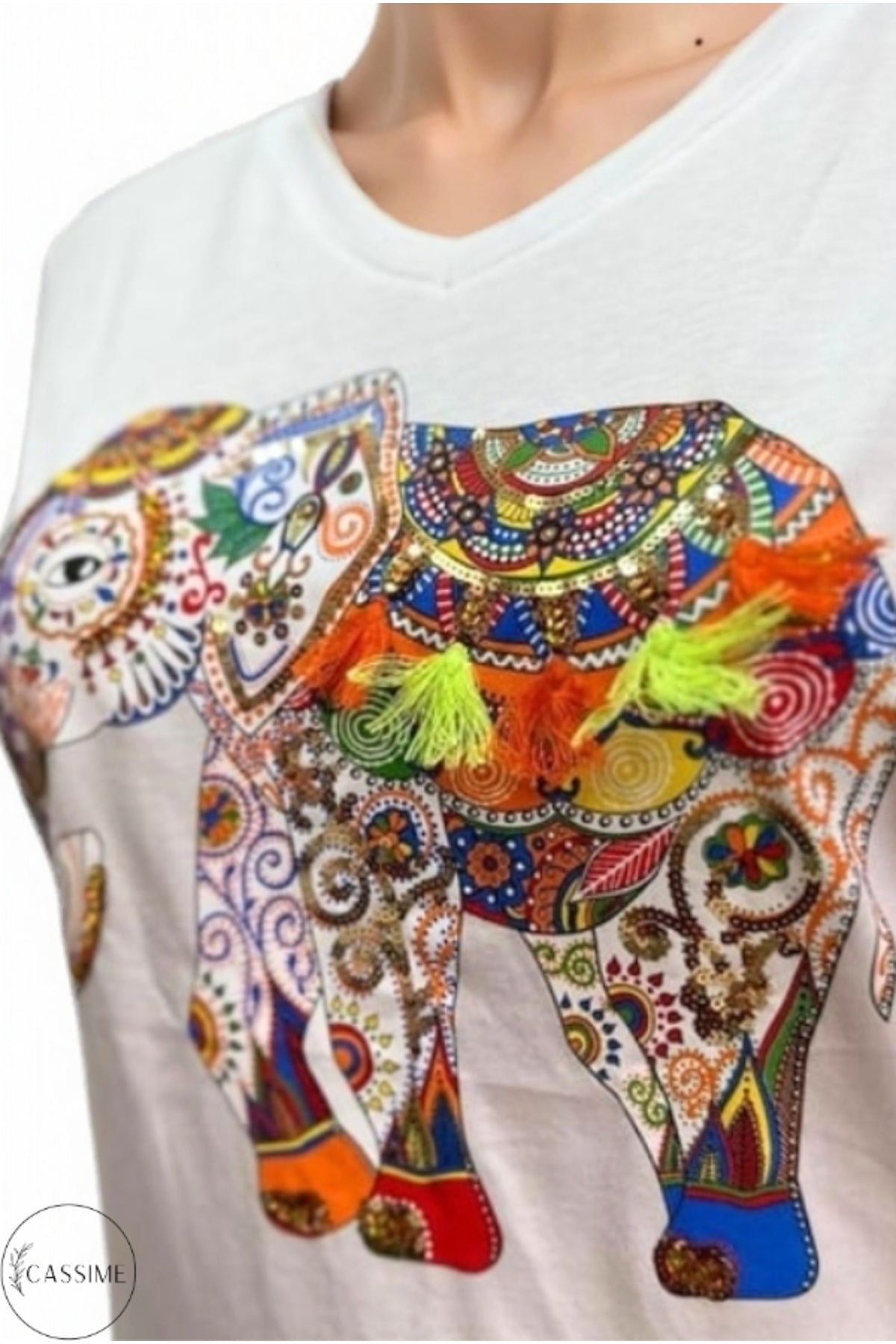 Sophie Women's Cotton Embellished V-Neck T-Shirt - White with Multicolor Tassel Elephant