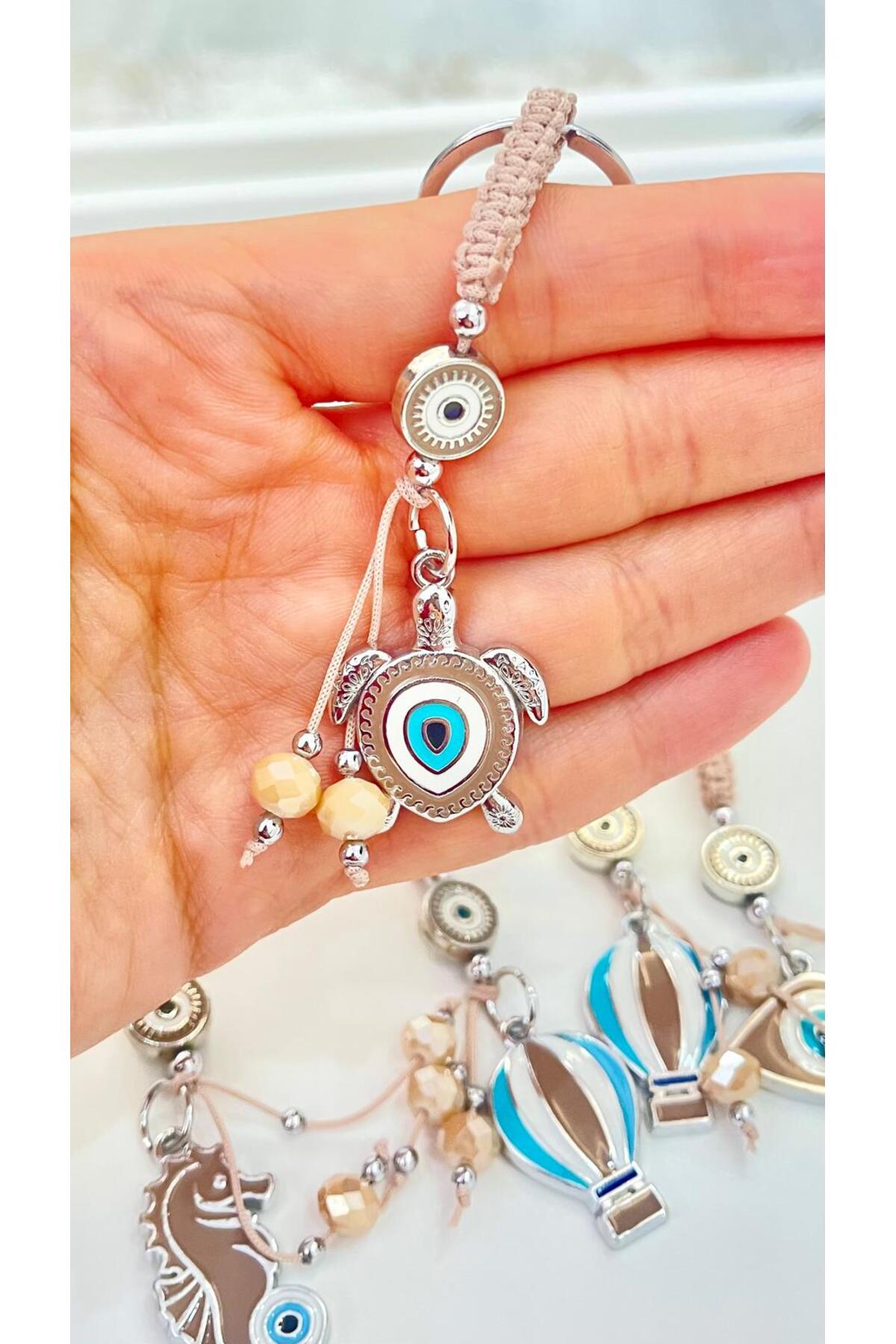 Abigail Silver-Plated Evil Eye Keychain - Beige Turtle