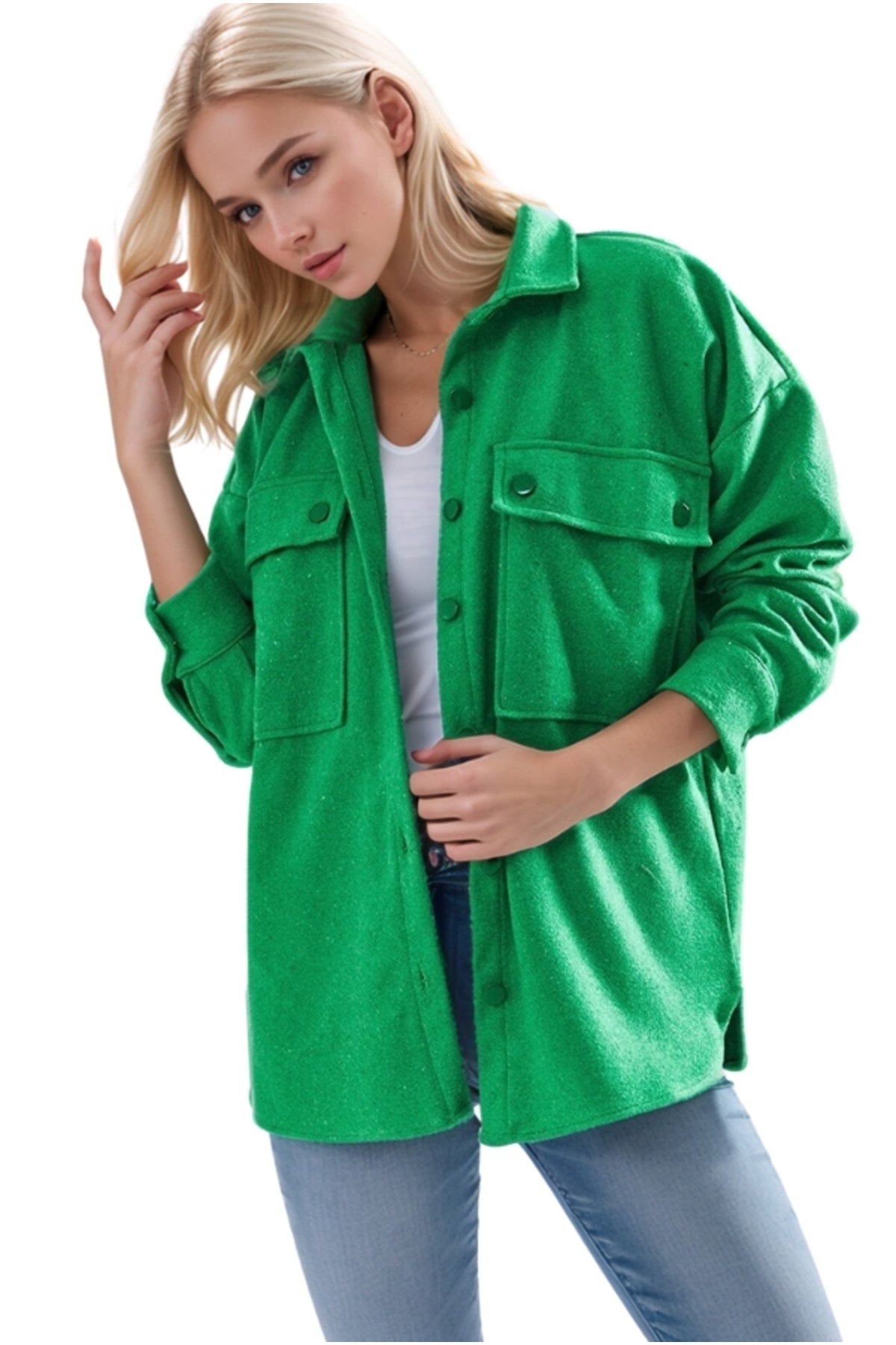 Mabel Women's Felted Fabric Shacket - Grass Green