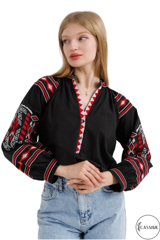 Winifred Women's Cotton-Linen Blend Vintage Inspired Embroidered Blouse - Black