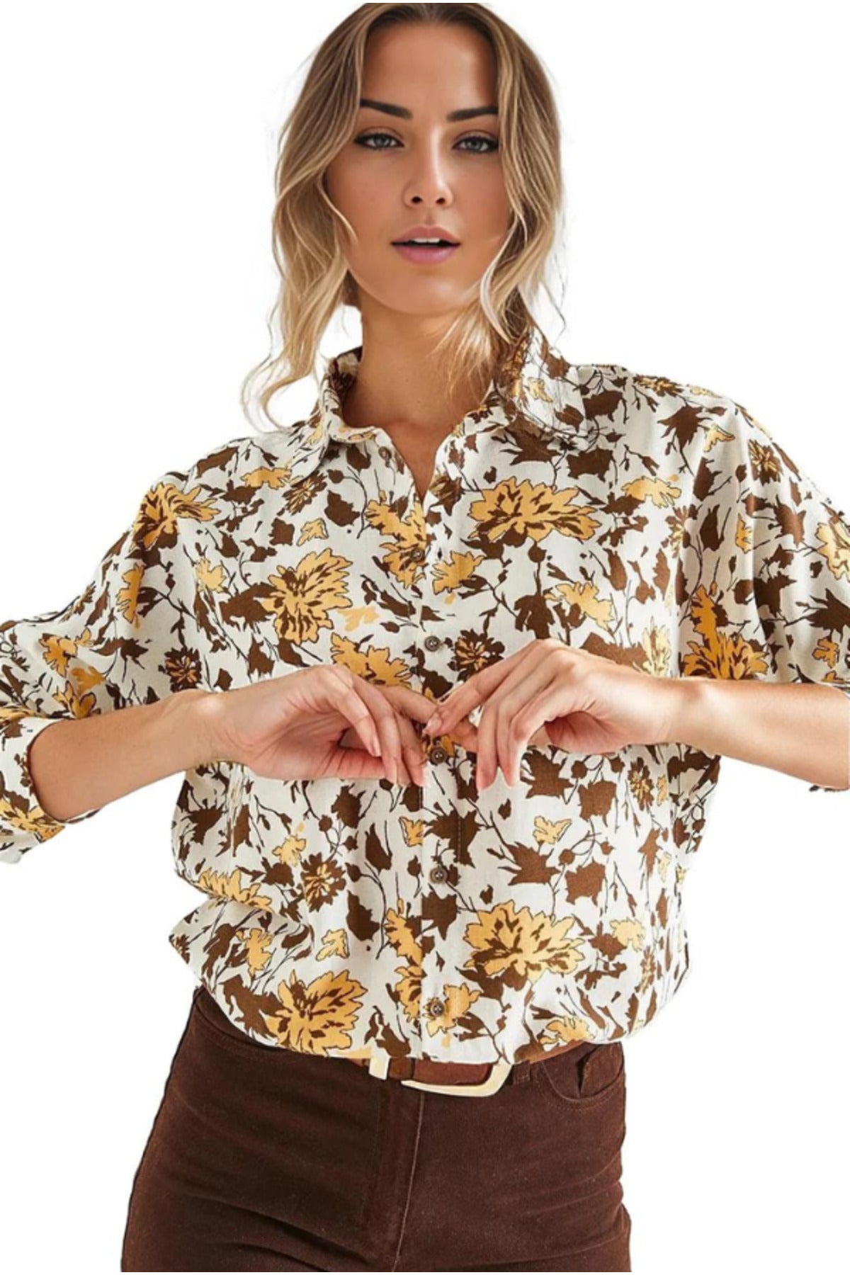 Emilia Women's Linen Blend Oversized Printed Shirt - Brown Floral