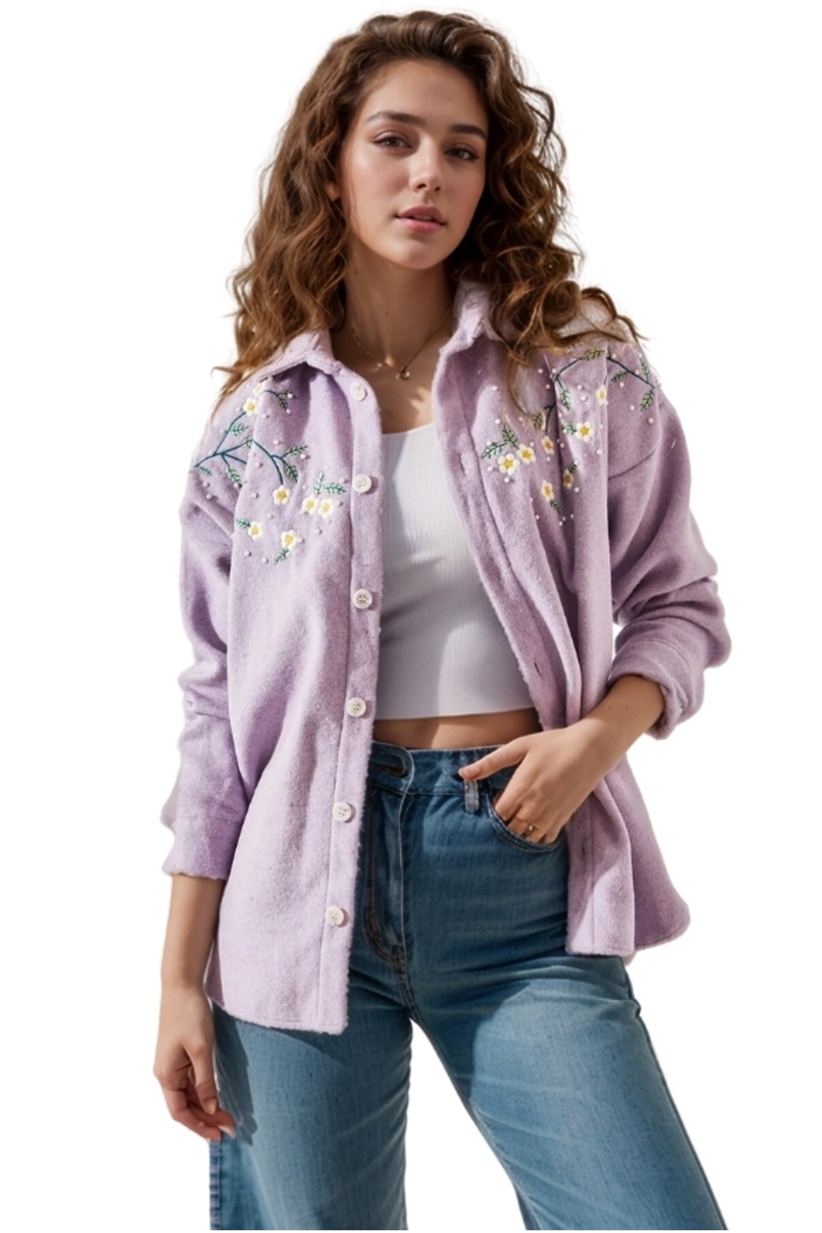 Lydia Women's Daisy Embroidered Shacket - Lilac