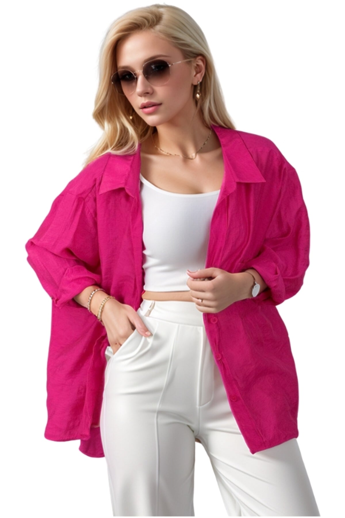 Georgia Women's Oversized Long Sleeve Shirt - Fuchsia and Pink