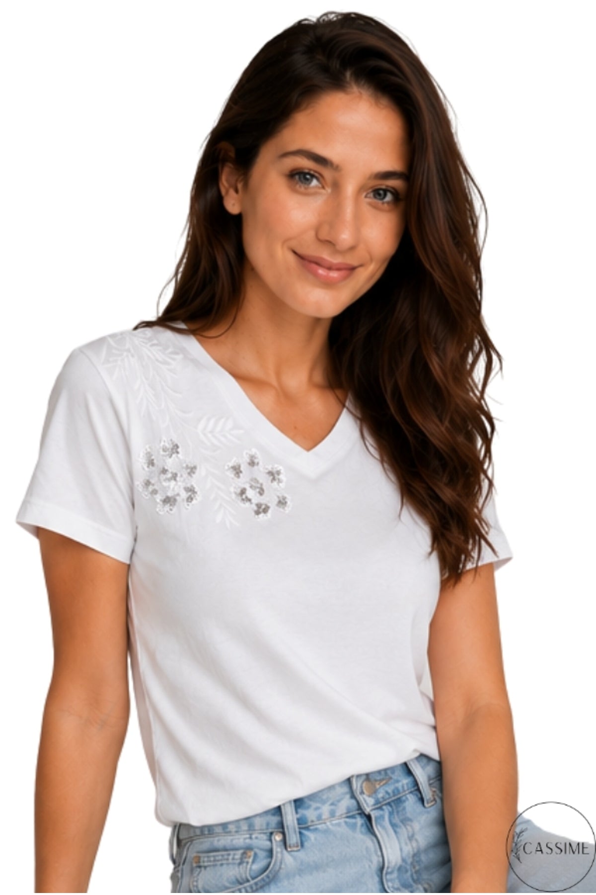 Emma Women's Cotton Embellished T-Shirt - White with Floral Shoulder Sequins