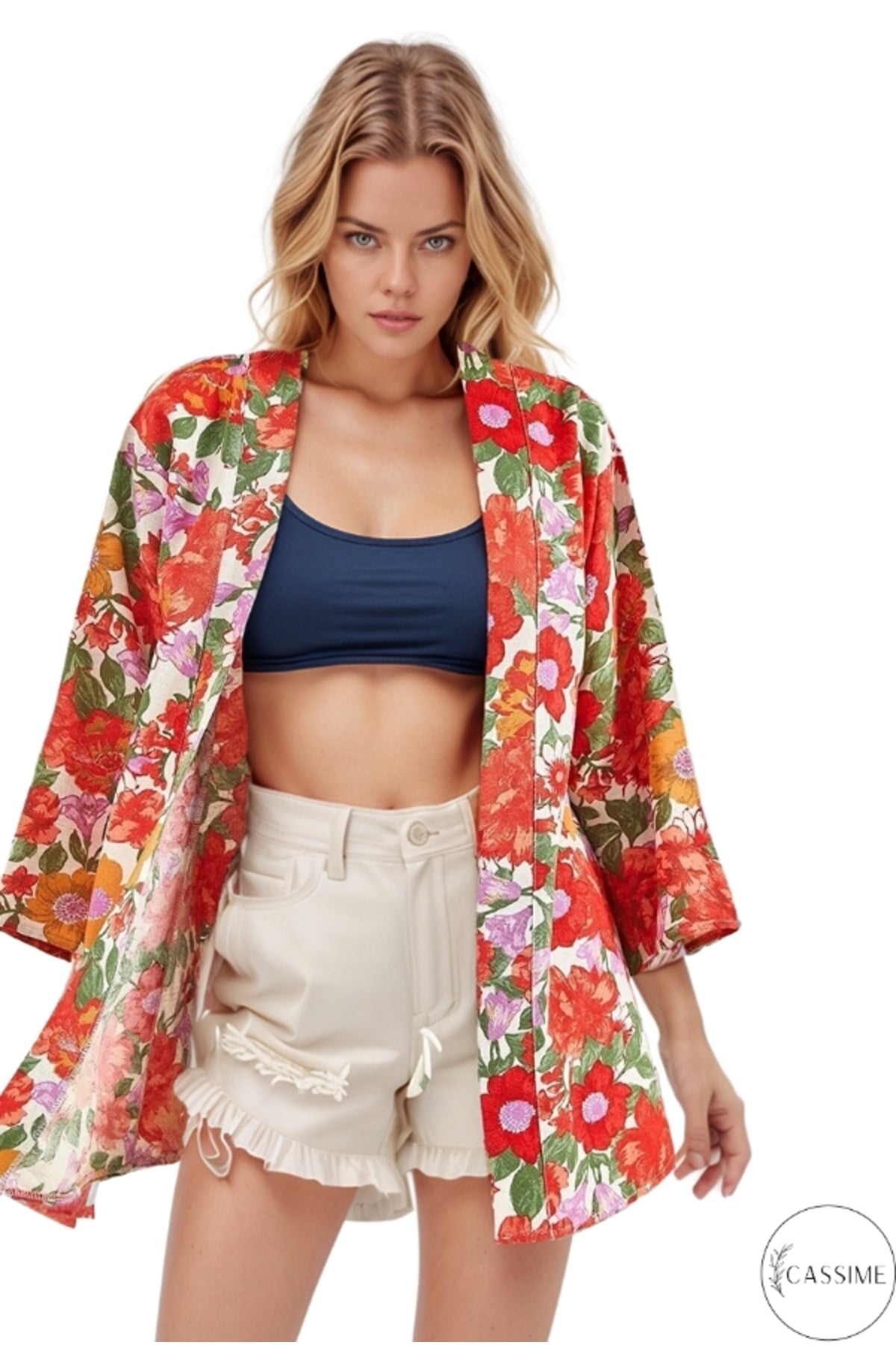Catherine Women's Linen-Viscose Blend Relaxed Fit Kimono - Bright Red Floral