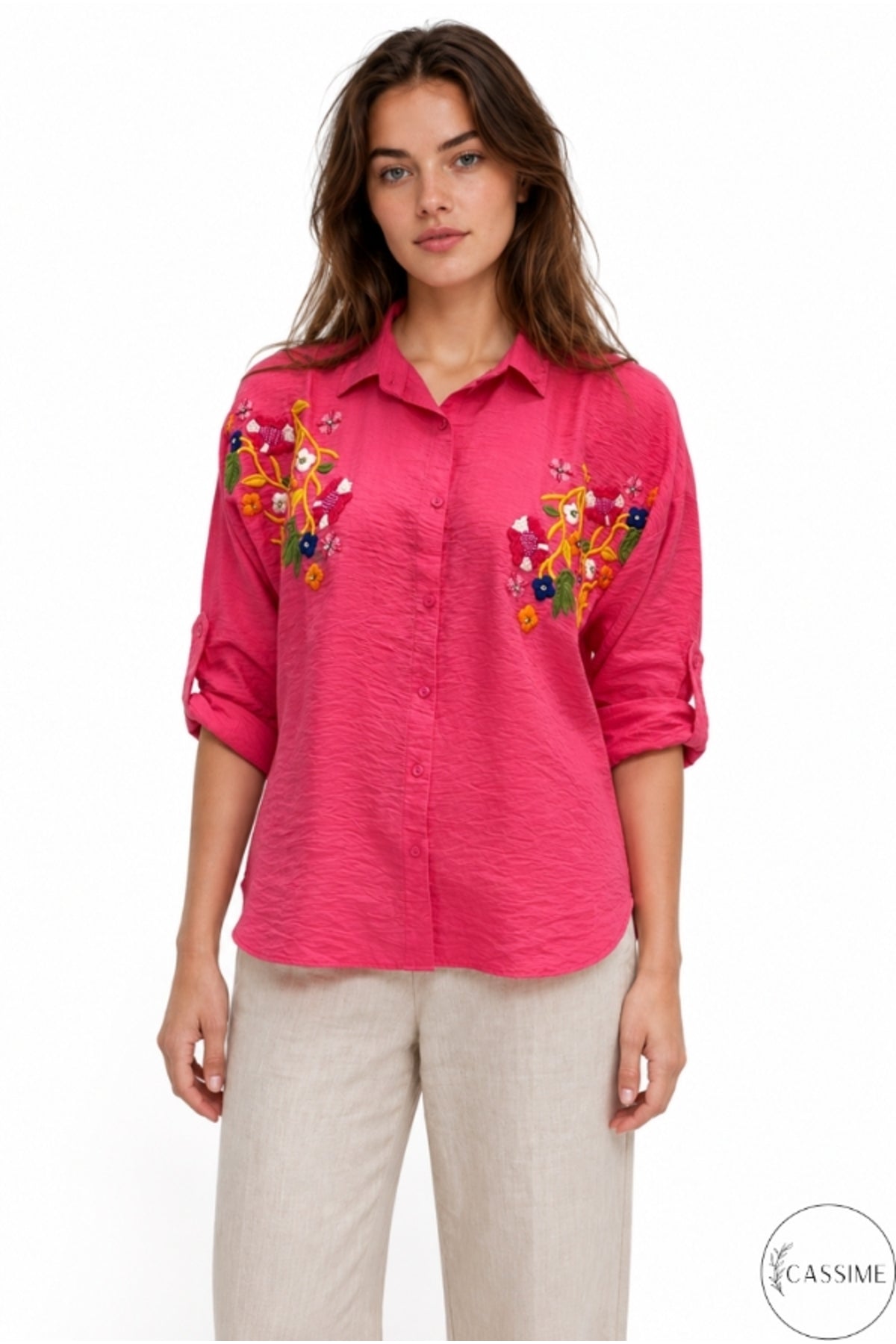 Claire Women's Floral Embellished Button-Up Shirt - Fuchsia Floral Embroidery