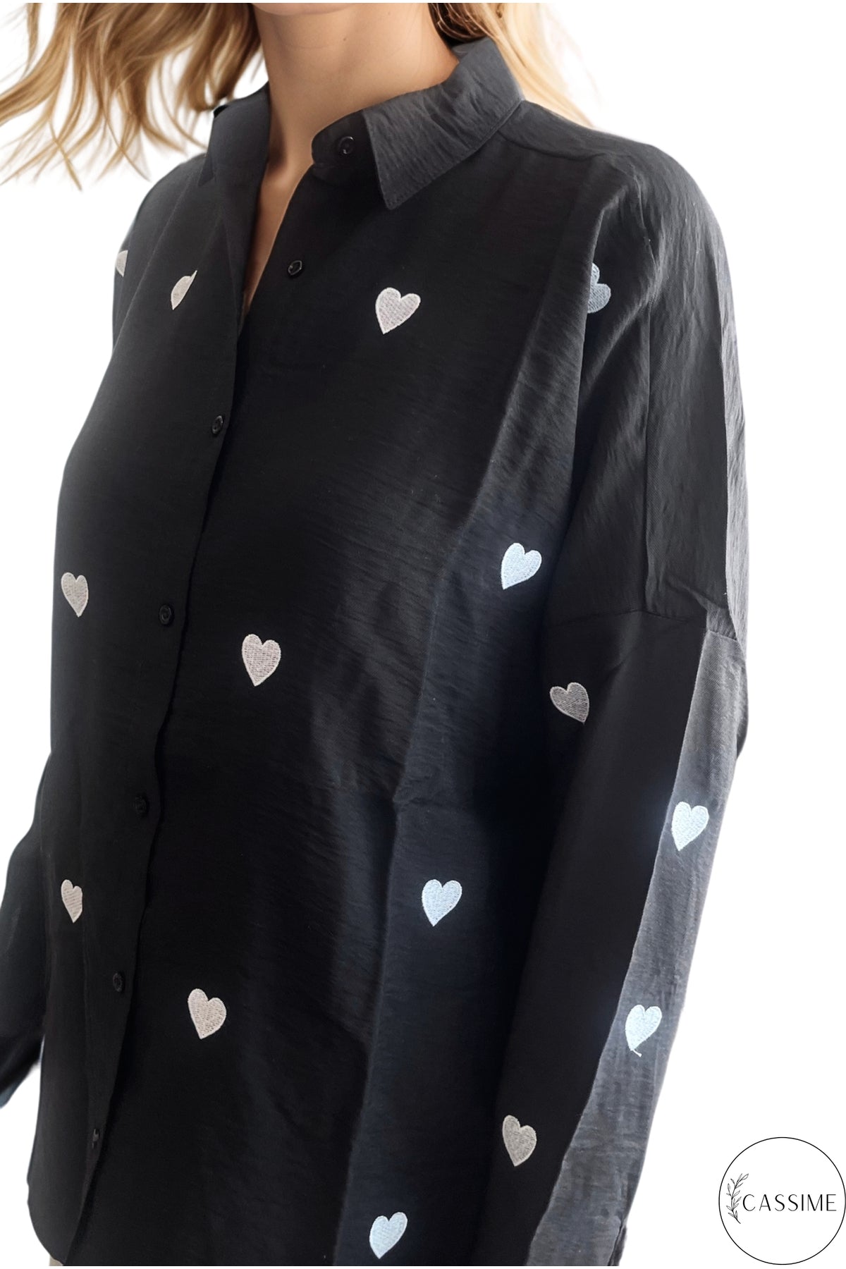 Delilah Women's Cotton Oversized Embellished Long Sleeve Shirt - Black with Heart Embroidery