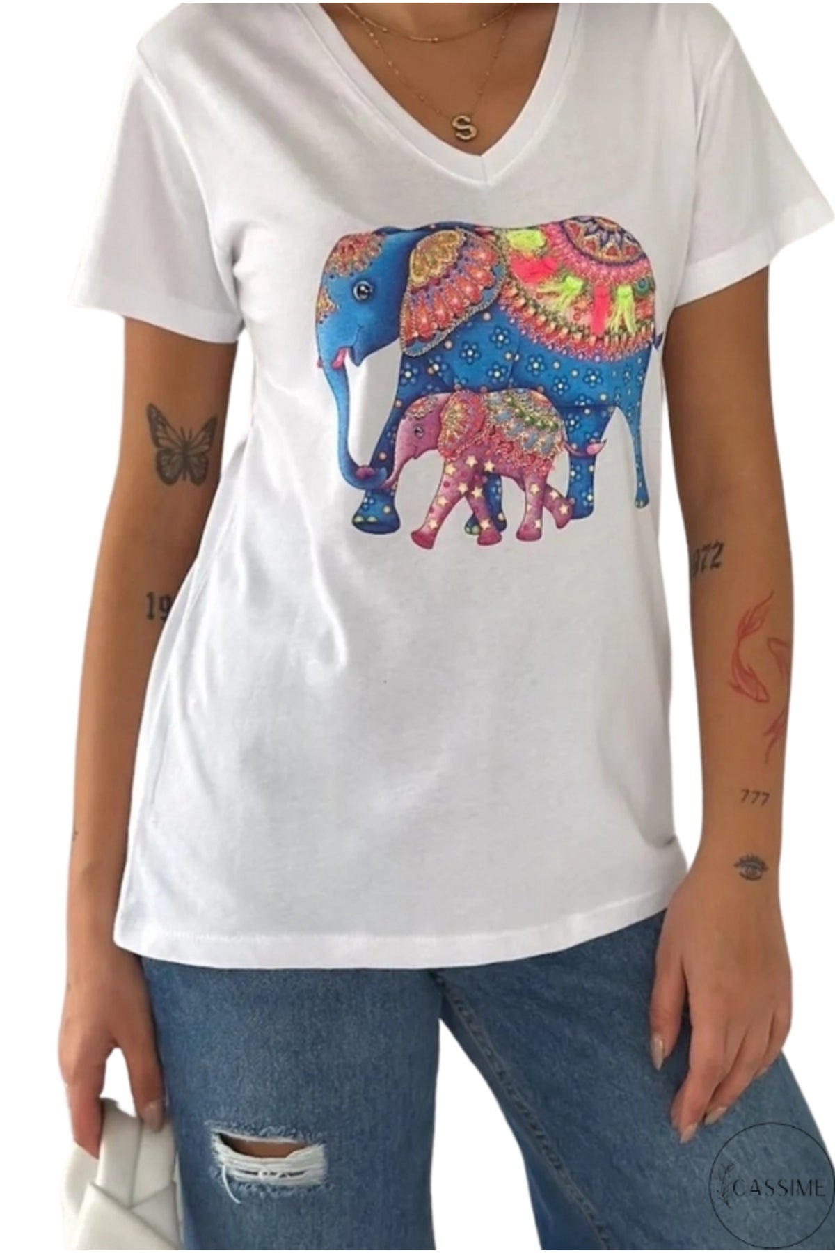 Sophie Women's Cotton Embellished V-Neck T-Shirt - White with Multicolor Elephant Print