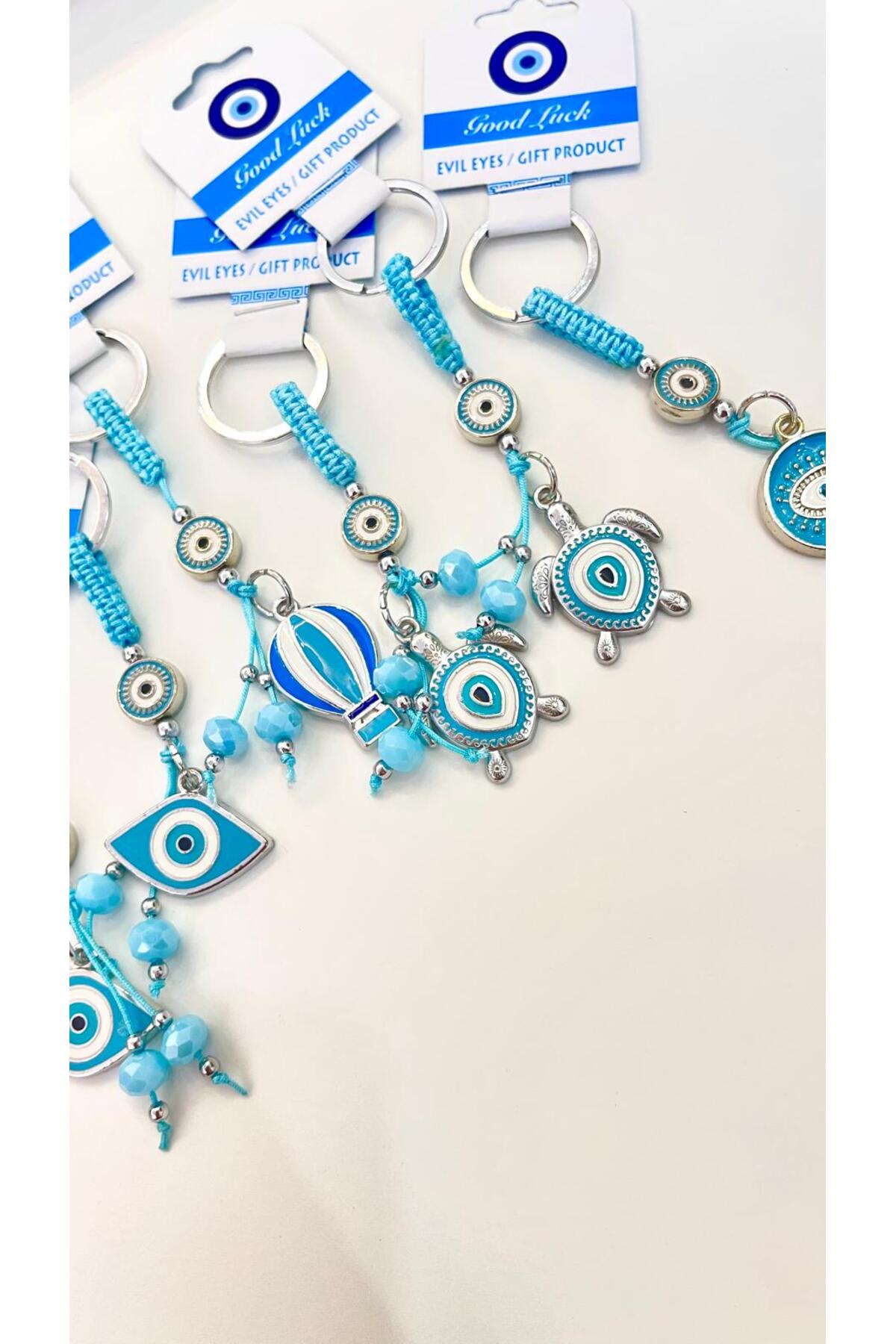 Abigail Silver-Plated Evil Eye Keychain - Light Blue Turtle