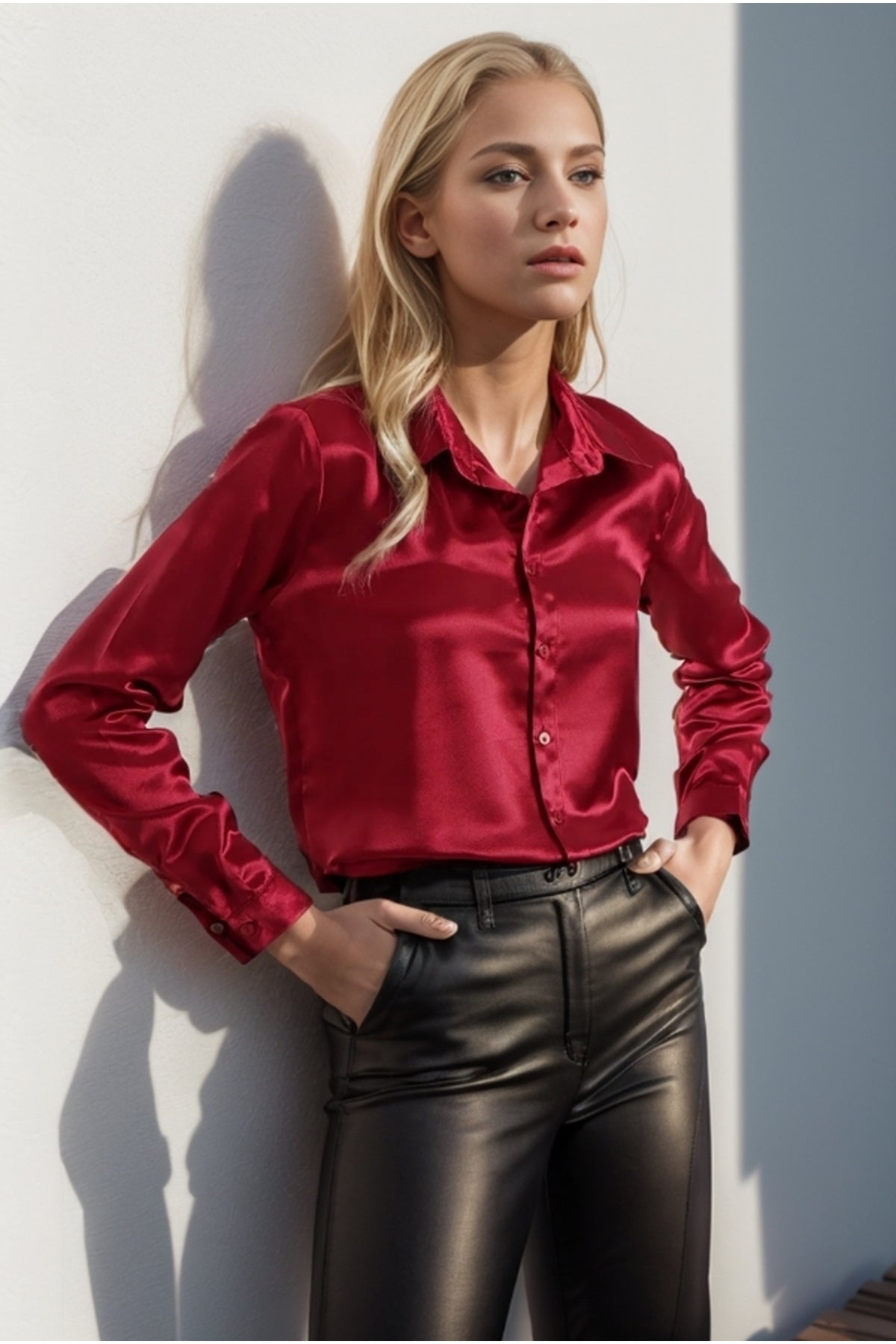 Rebecca Women's Classic Satin Button-Up Shirt - Burgundy