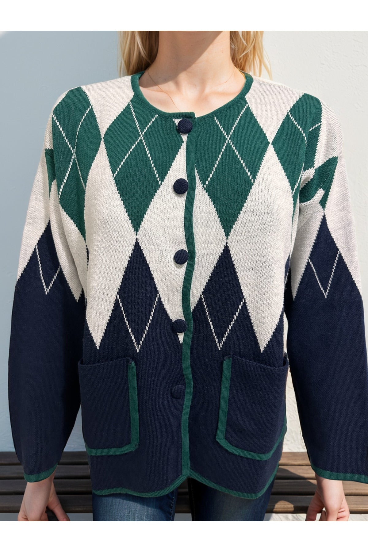 Sienna Women's Argyle Button-Up Cardigan - Green and Navy