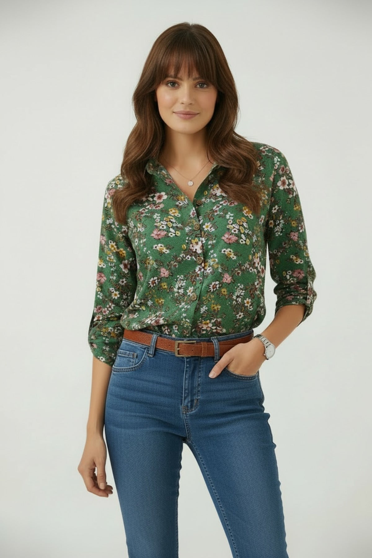 Amelia Women's Viscose Long Sleeve Button-Up Shirt - Green and Khaki