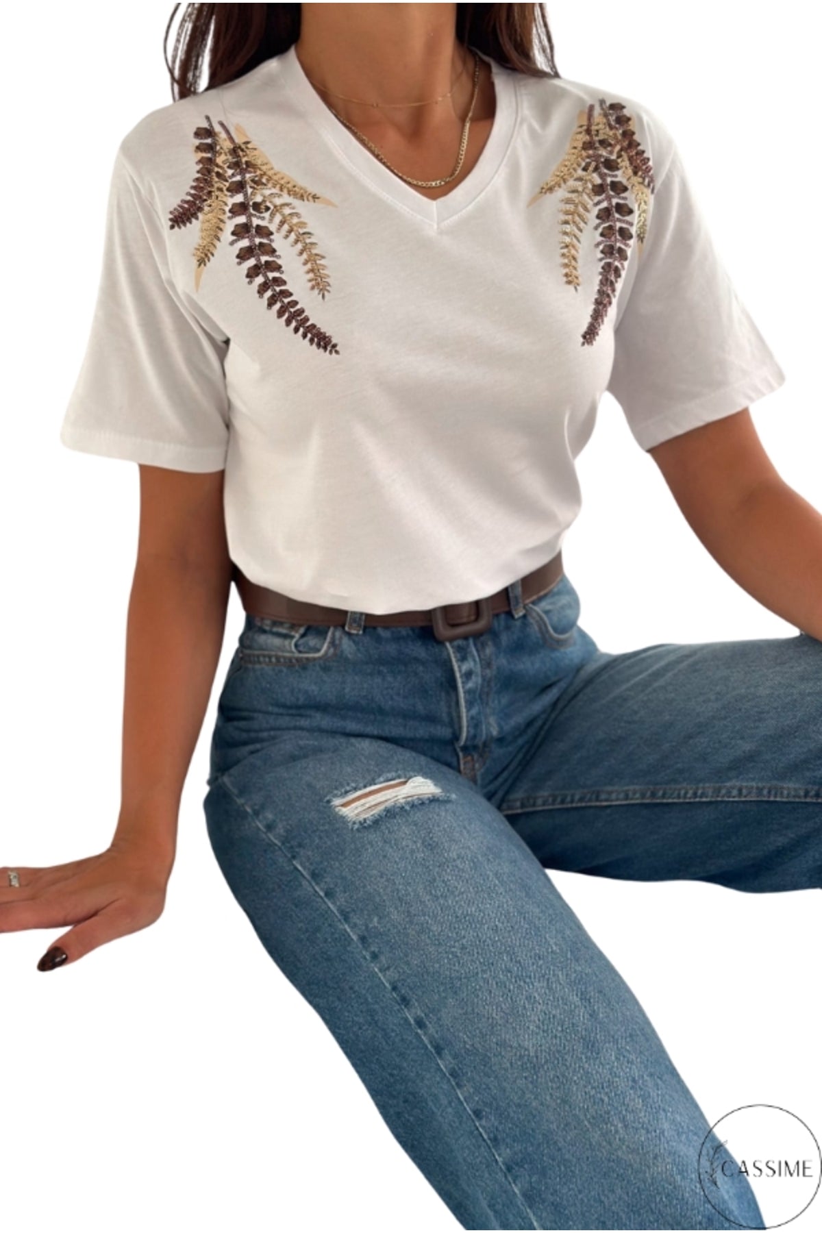 Olivia Women's Cotton Plus Size Embellished V-Neck T-Shirt - Copper Flower Sequin Embellishment