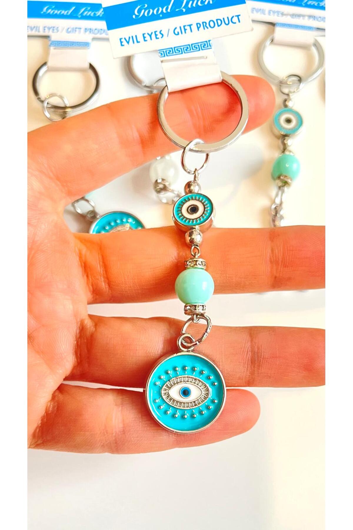 Abigail Silver-Plated Evil Eye Keychain - Round Turquoise Evil Eye Metal