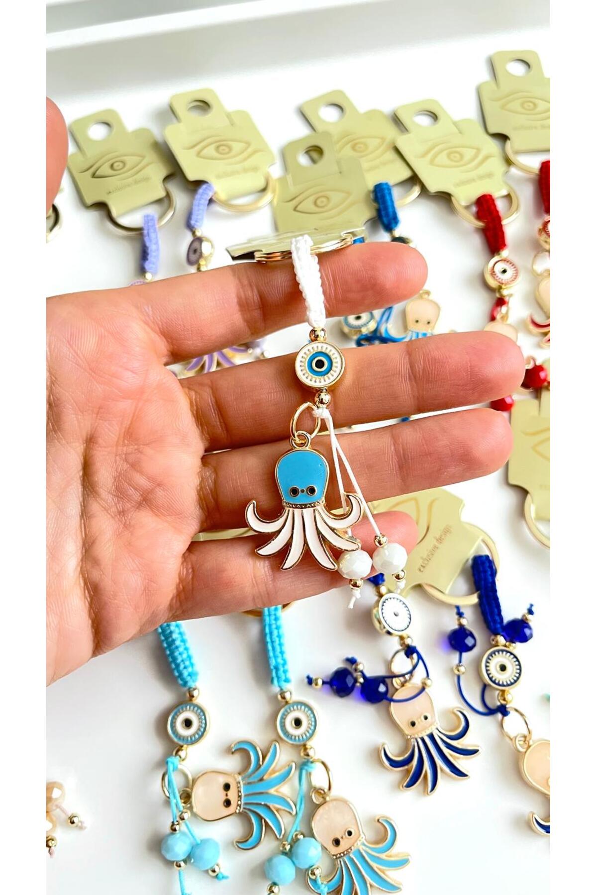 Ivy Gold-Plated Evil Eye Keychain - White Octopus Design