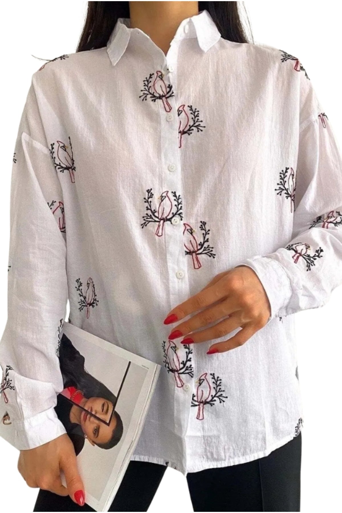 Camille Women's Cotton Bird Embroidered Shirt - Bird Embroidery