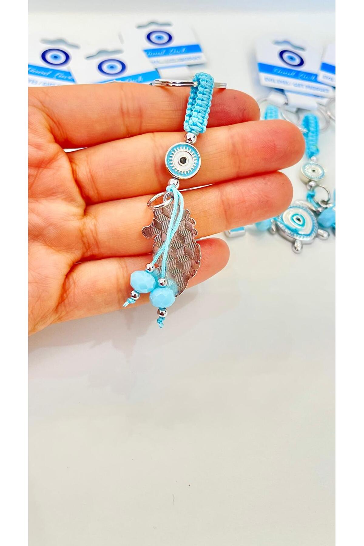 Abigail Silver-Plated Evil Eye Keychain - Light Blue Seahorse