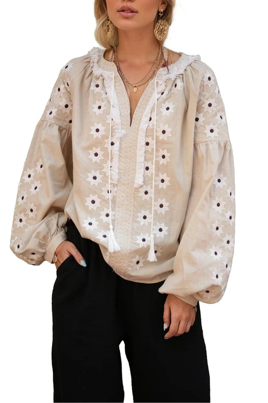 Penelope Women's Cotton Vintage Inspired Embroidered Blouse - Beige Star