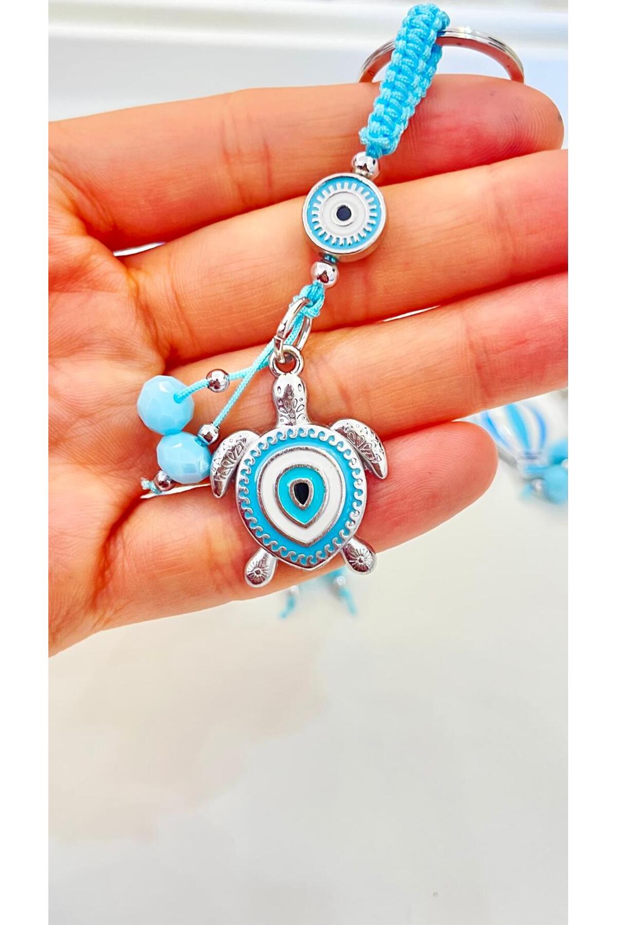 Abigail Silver-Plated Evil Eye Keychain - Light Blue Turtle