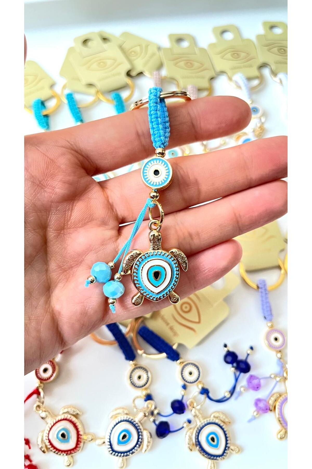 Ivy Gold-Plated Evil Eye Keychain - Light Blue Turtle Design