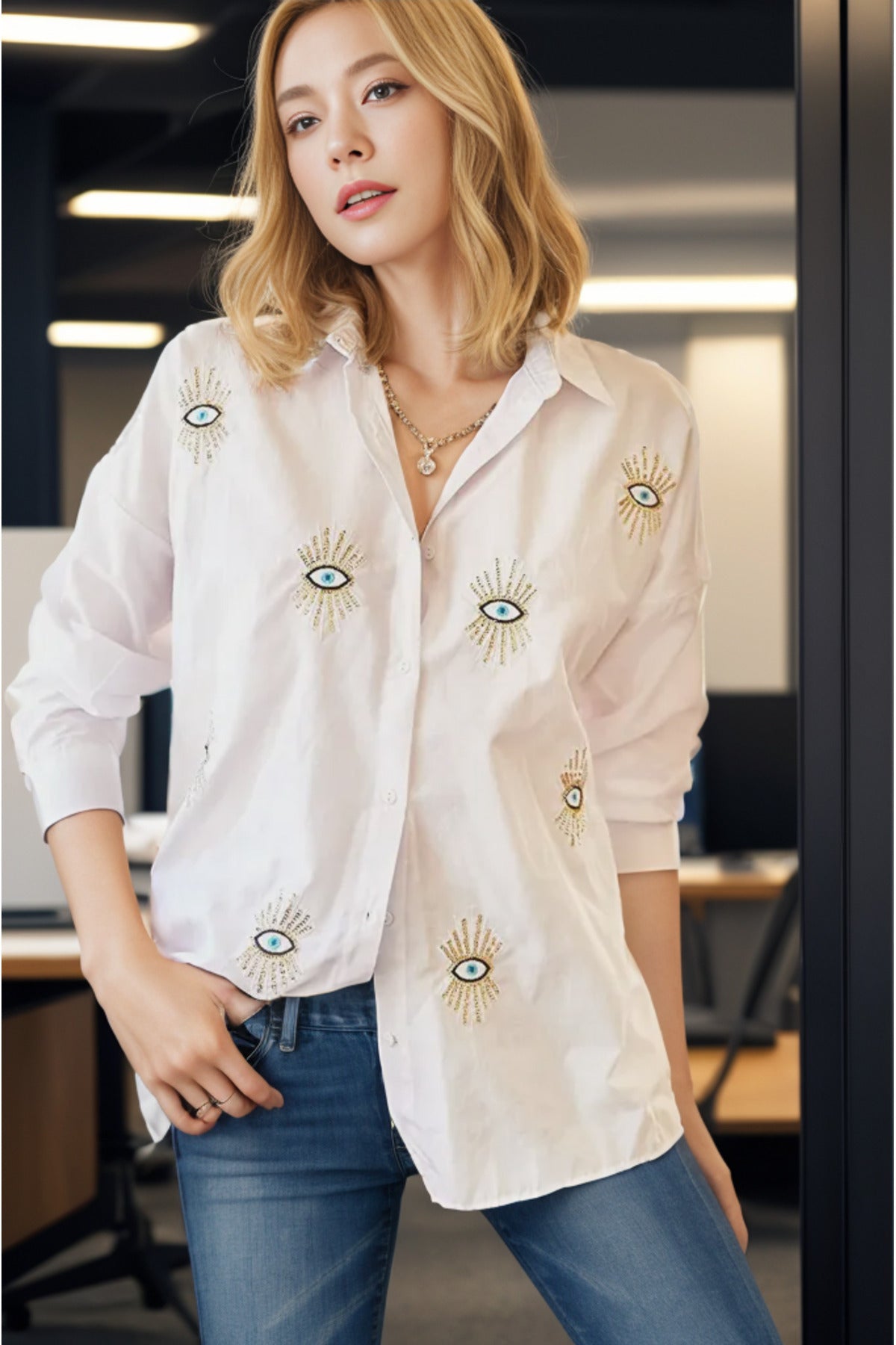 Delilah Women's Cotton Oversized Embellished Long Sleeve Shirt - White