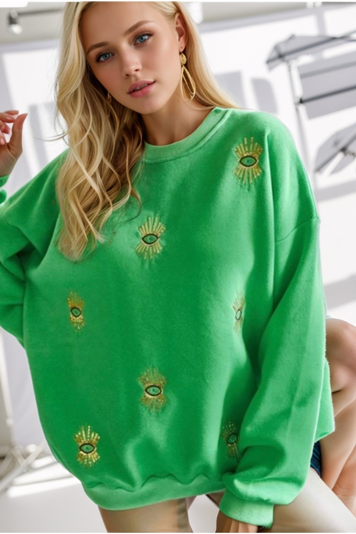 Ava Women's Cotton Embellished Evil Eye Sweatshirt - Green Multi Evil Eye Design