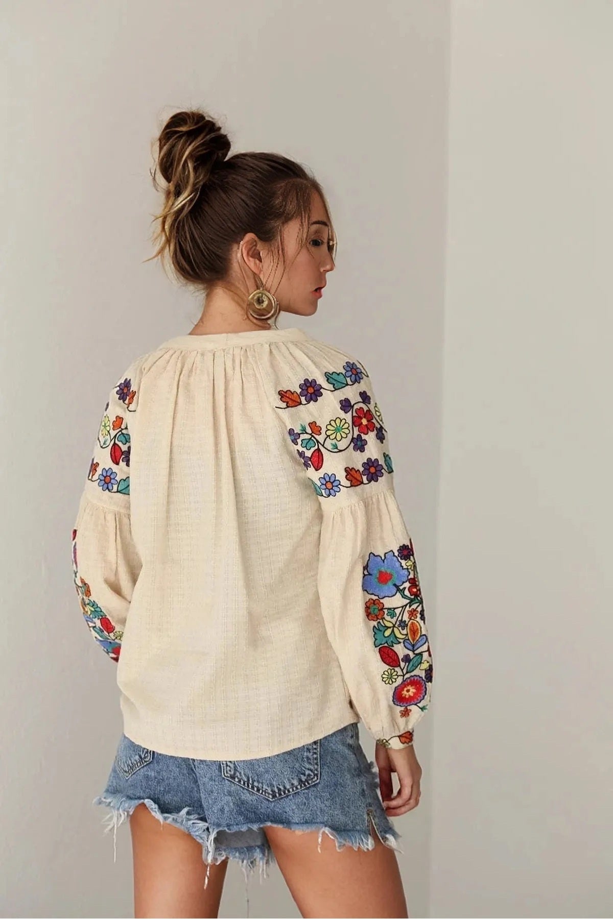 Rosemary Women's Floral Embroidered Sleeve Blouse - Beige