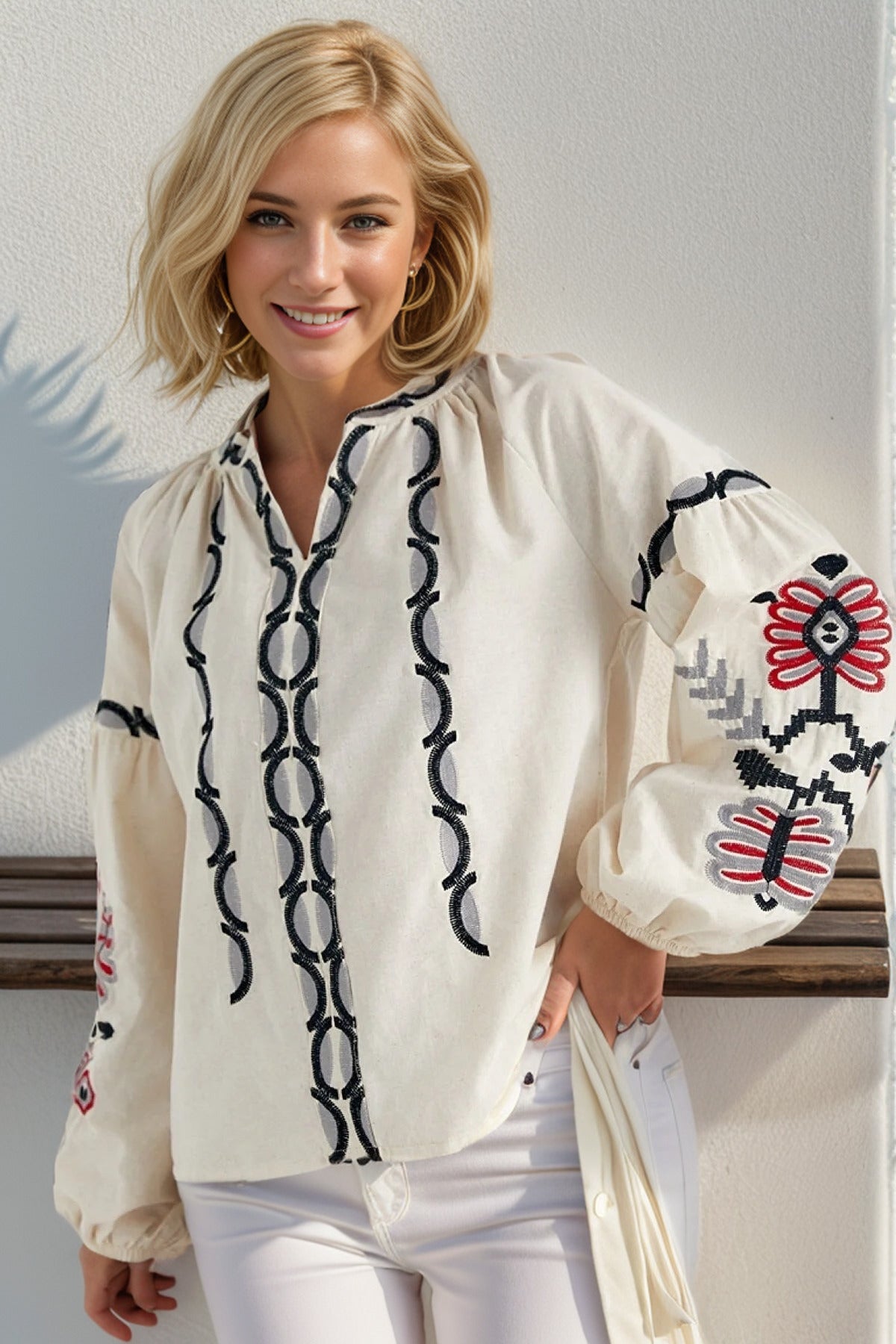 Rosa Women's Cotton Embroidered Long Sleeve Tie Blouse - Cream