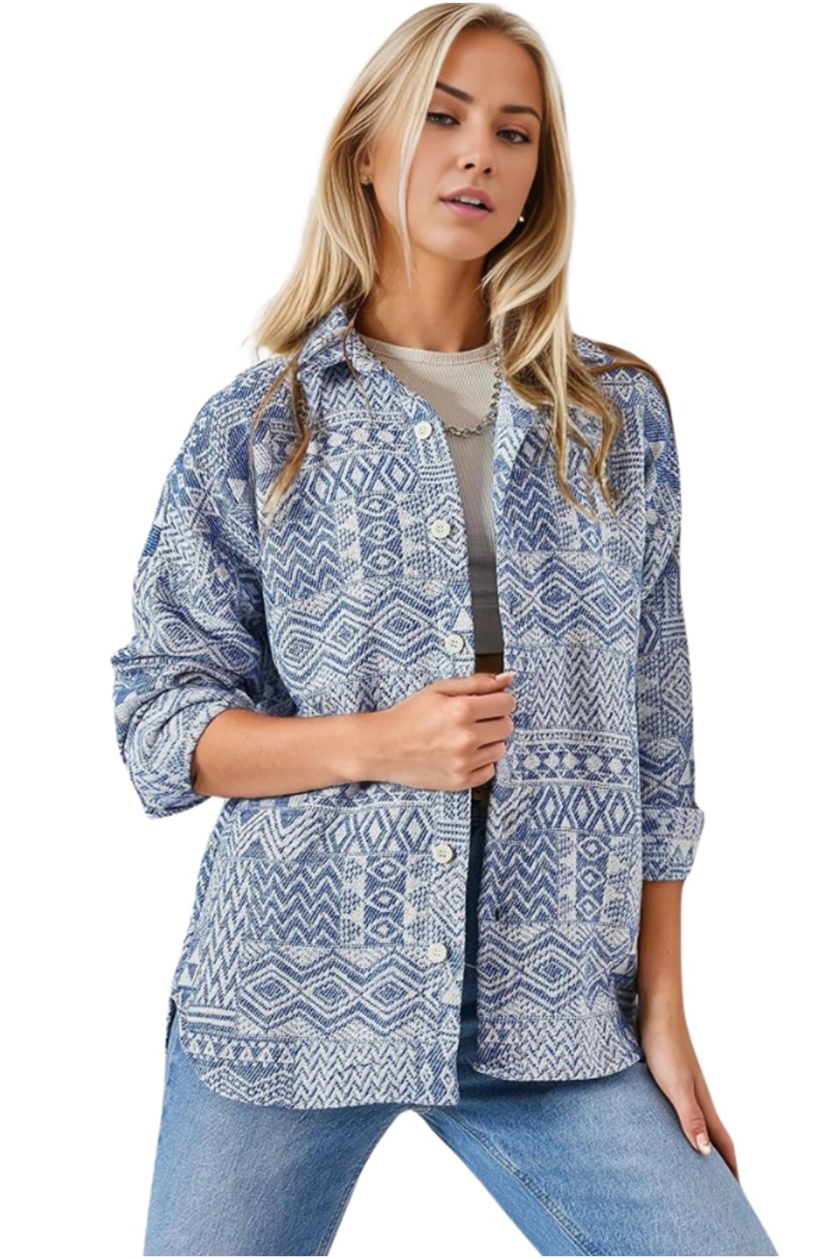 Ellen Women's Boho Print Button-Up Shacket - Blue Boho Print