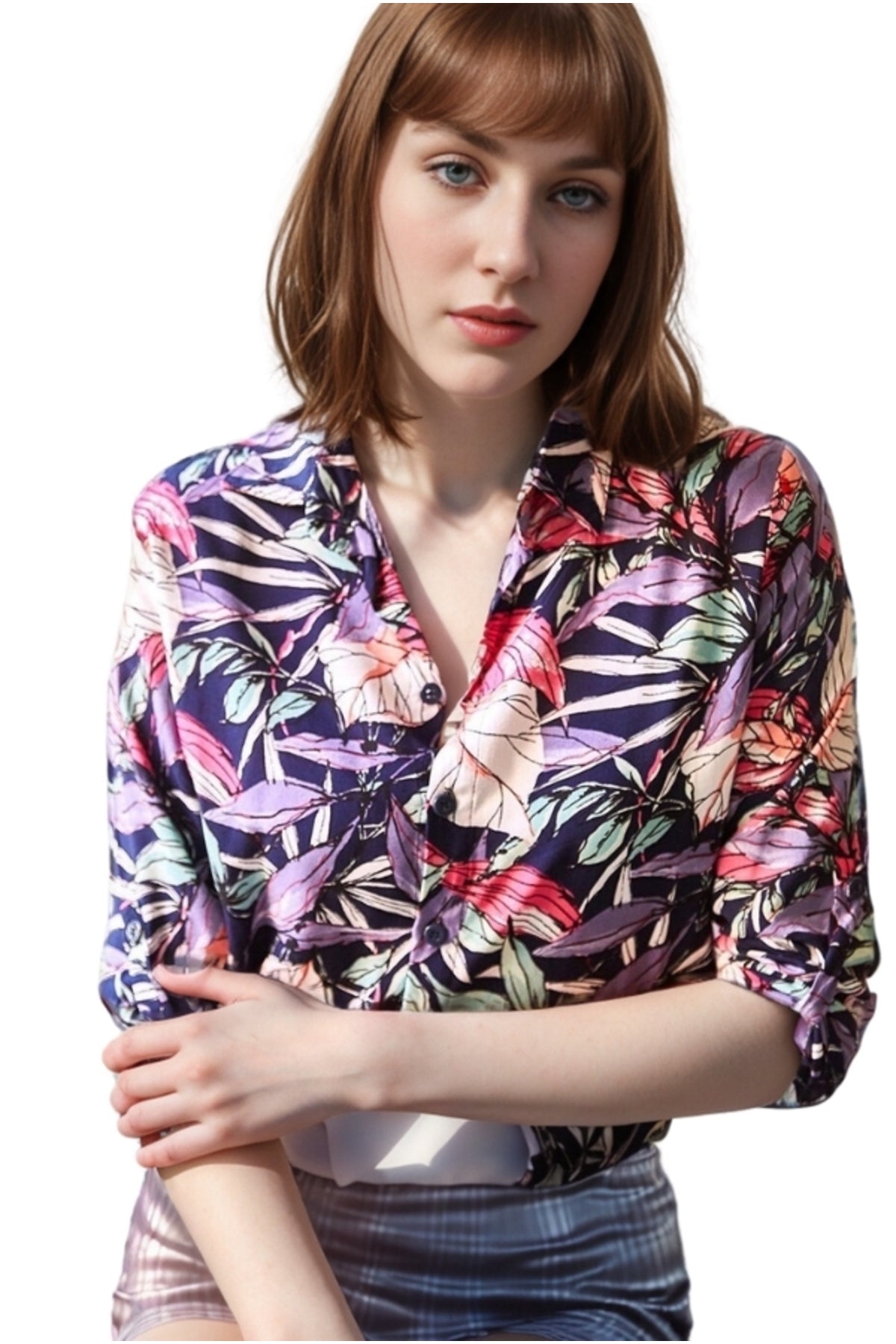 Amelia Women's Viscose Long Sleeve Button-Up Shirt - Purple Leaf Print
