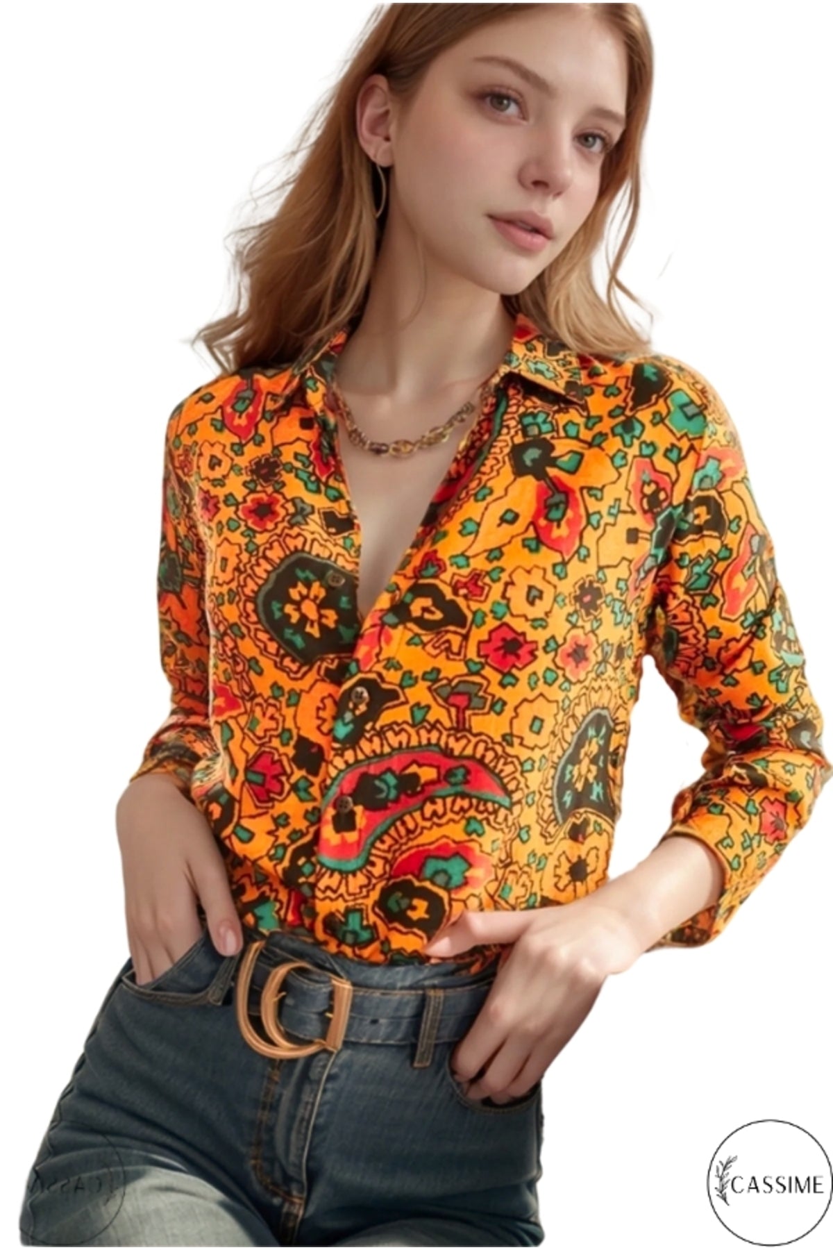 Amelia Women's Viscose Long Sleeve Button-Up Shirt - Mustard Paisley Print