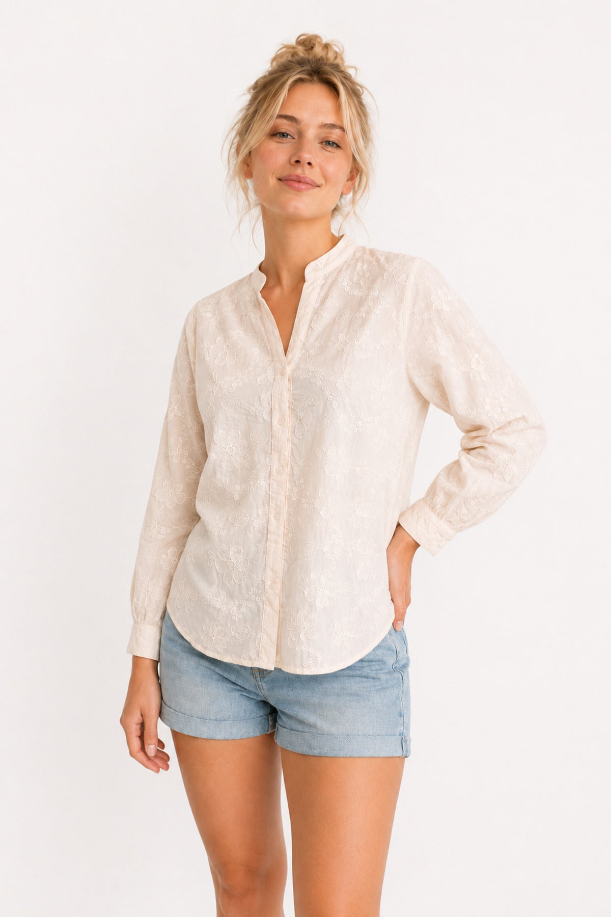 Isla Women's Cotton Embroidered Relaxed Fit Shirt - Light Pink